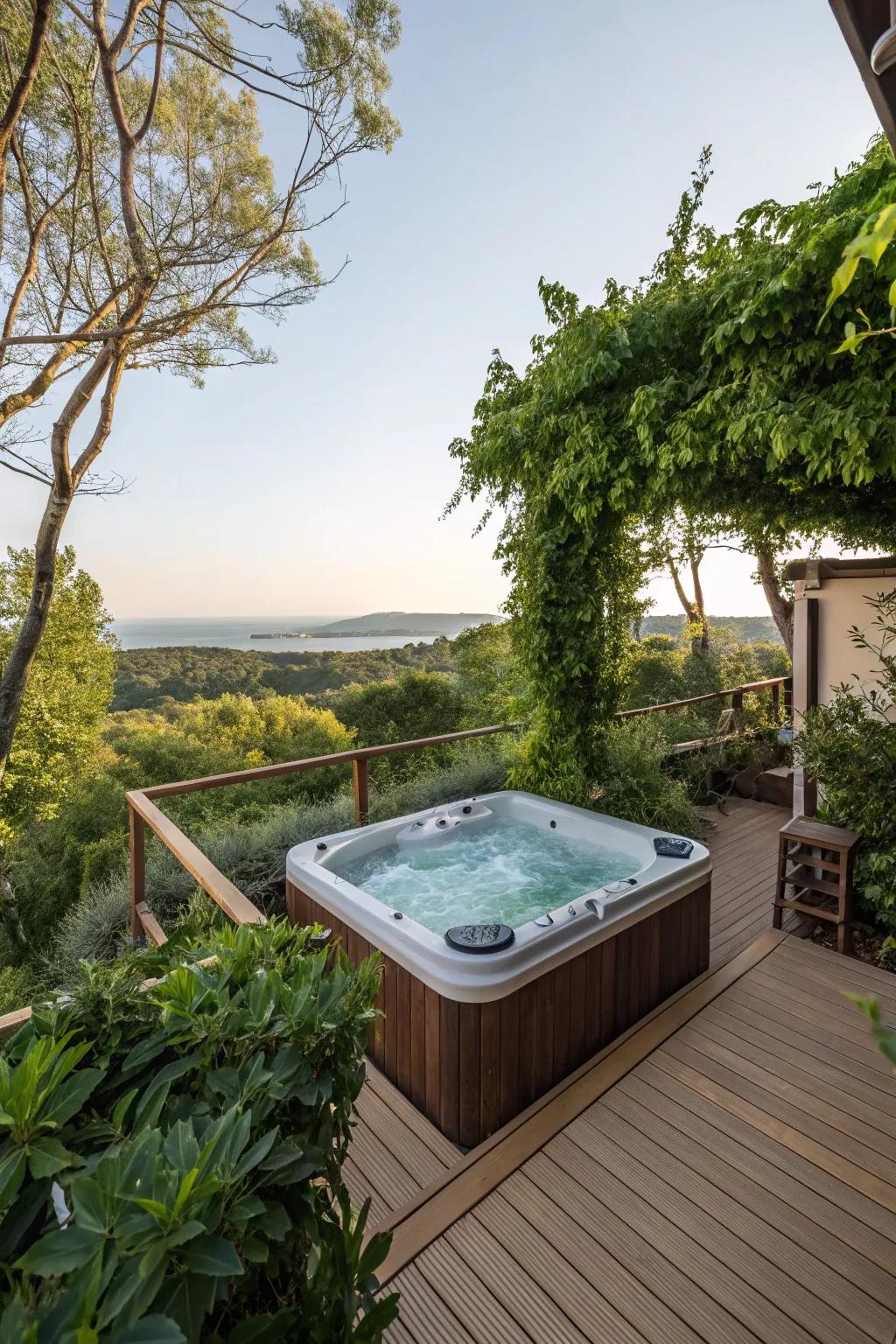 A hot tub turning a high deck into a personal wellness haven.