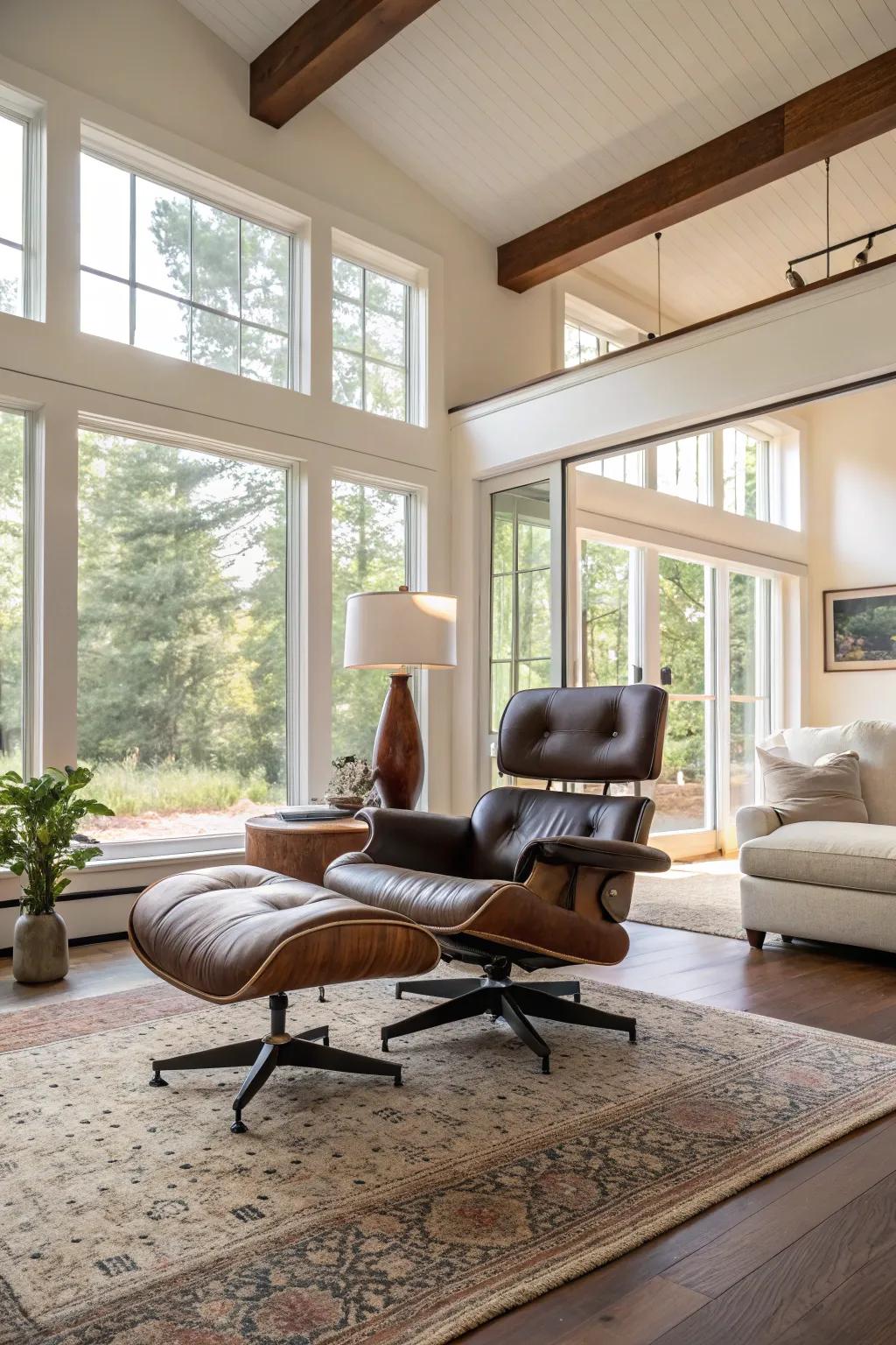 An open floor plan enhances space and functionality, with the chair as a focal point.