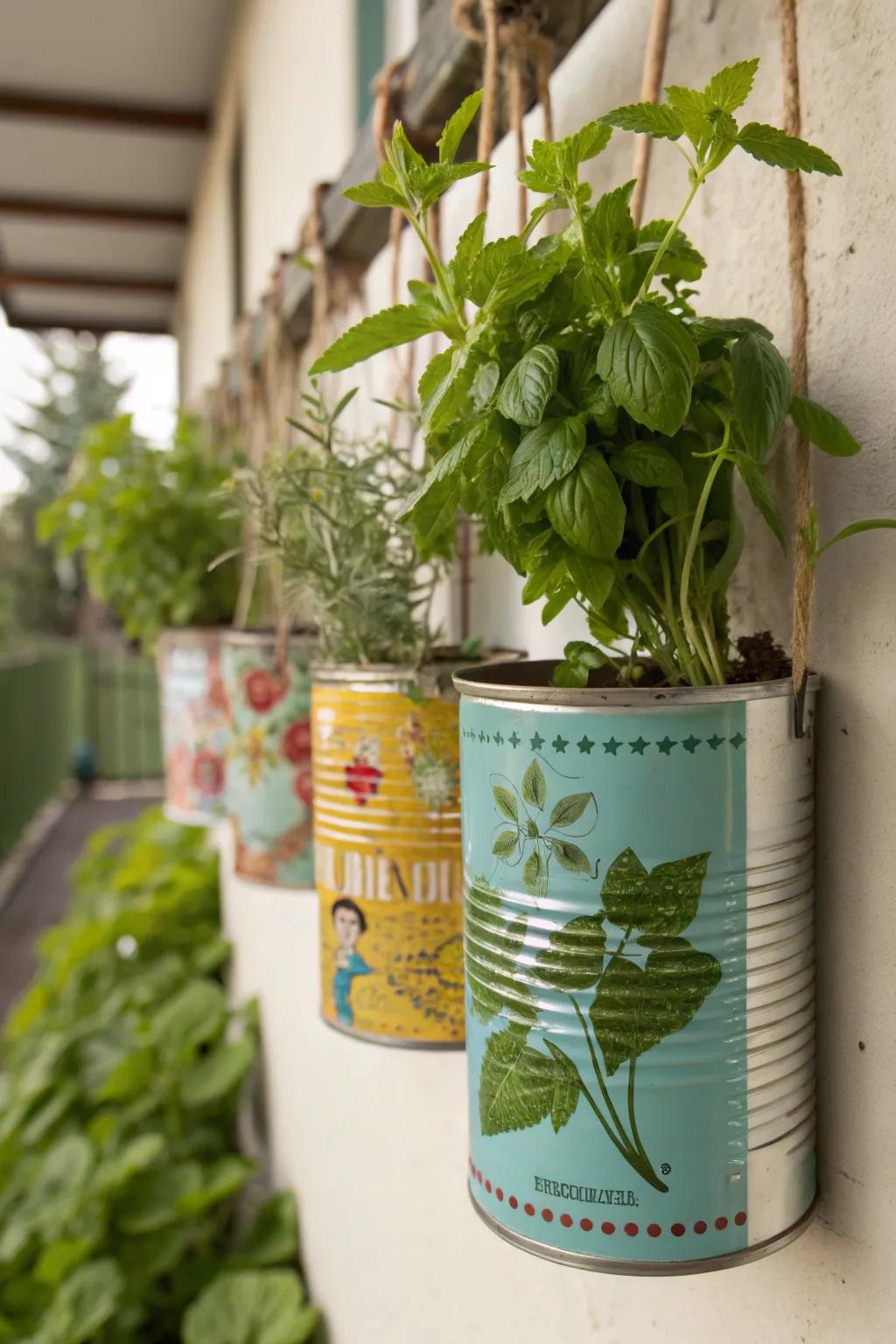 Upcycled tin cans offer eco-friendly charm for herb propagation.