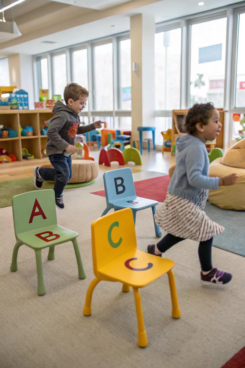 Learning letters through musical alphabet chairs.