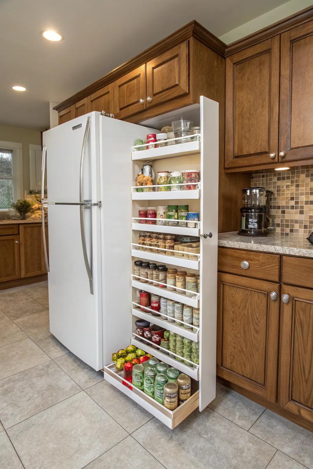 Maximize storage with a roll-out shelf next to your fridge.