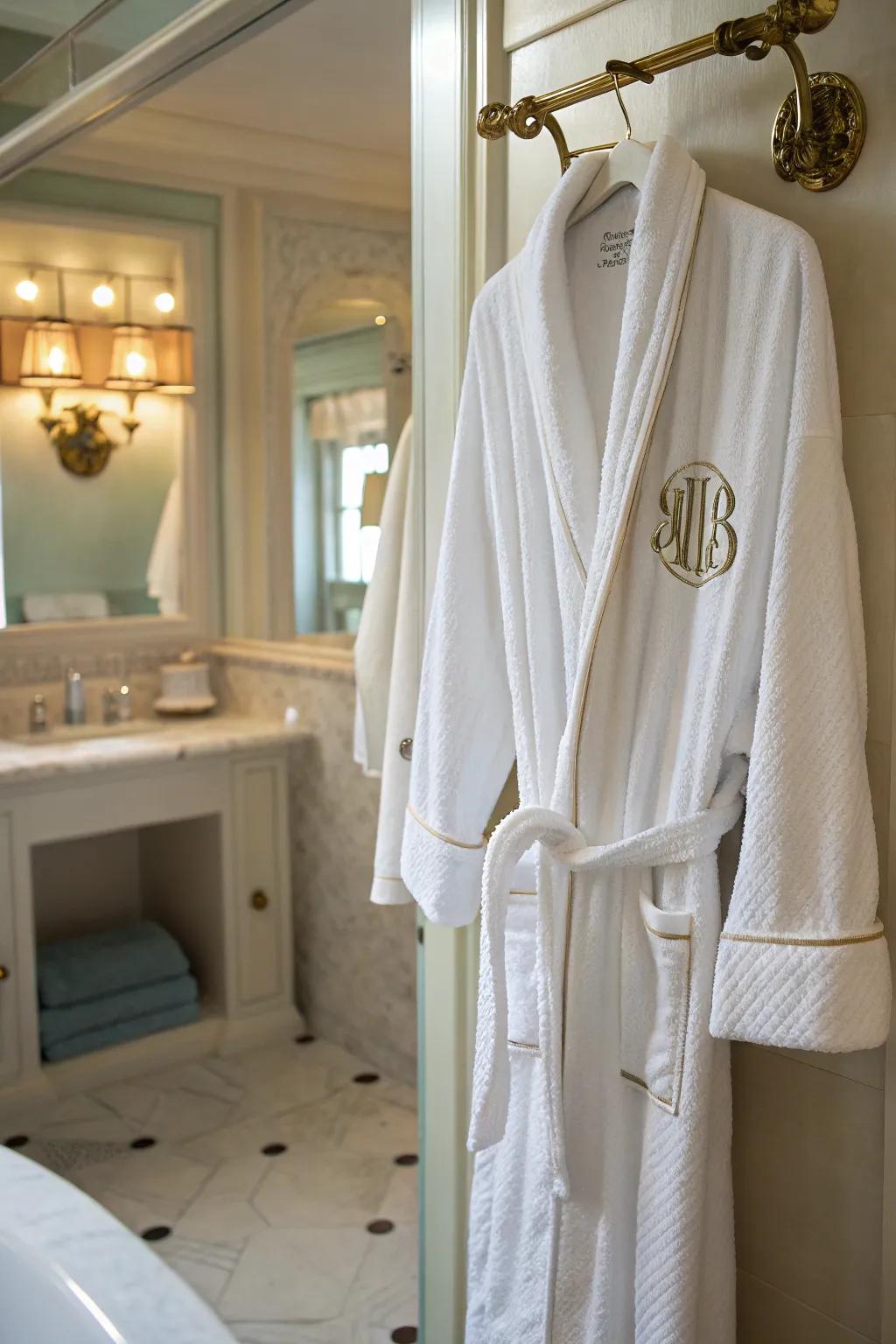 A monogrammed bathrobe offers luxurious comfort.