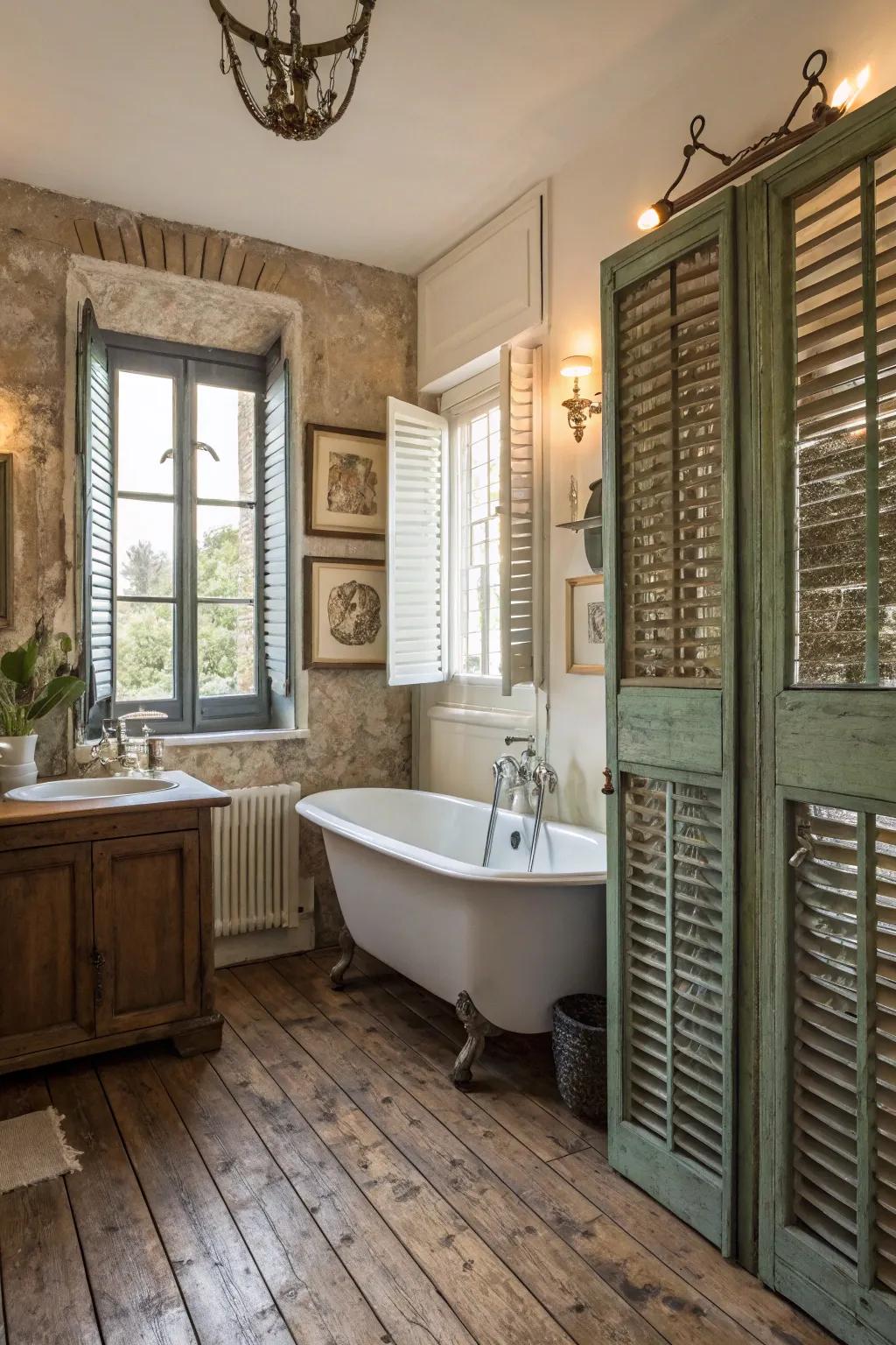 Antique or vintage shutters bring character and historical charm to your bathroom decor.