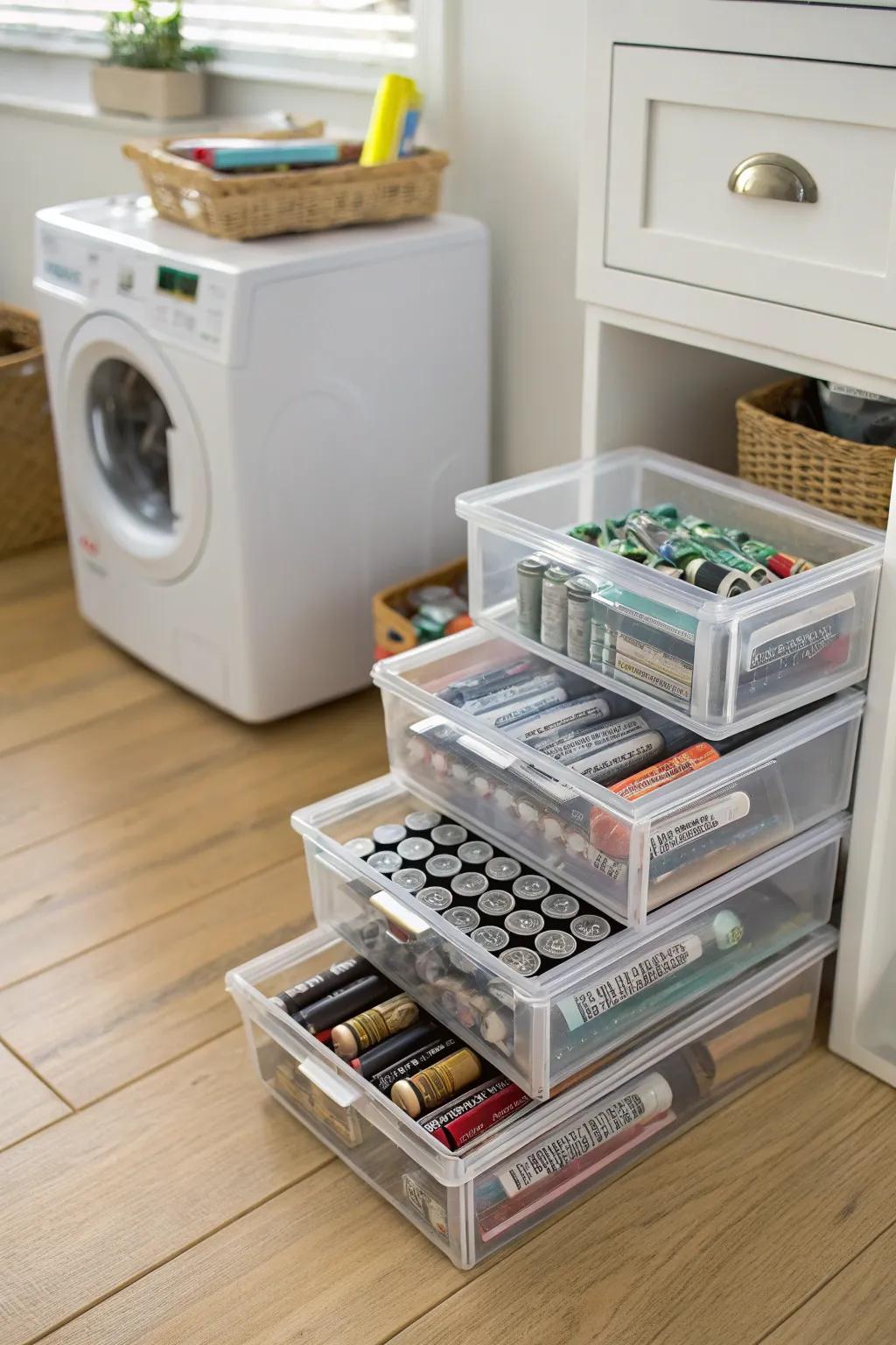 Clear plastic drawers provide practical visibility for battery storage.