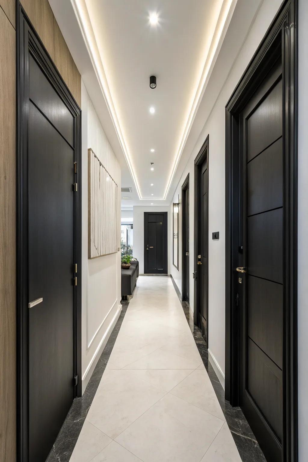 Light ceilings contrasting beautifully with black doors.