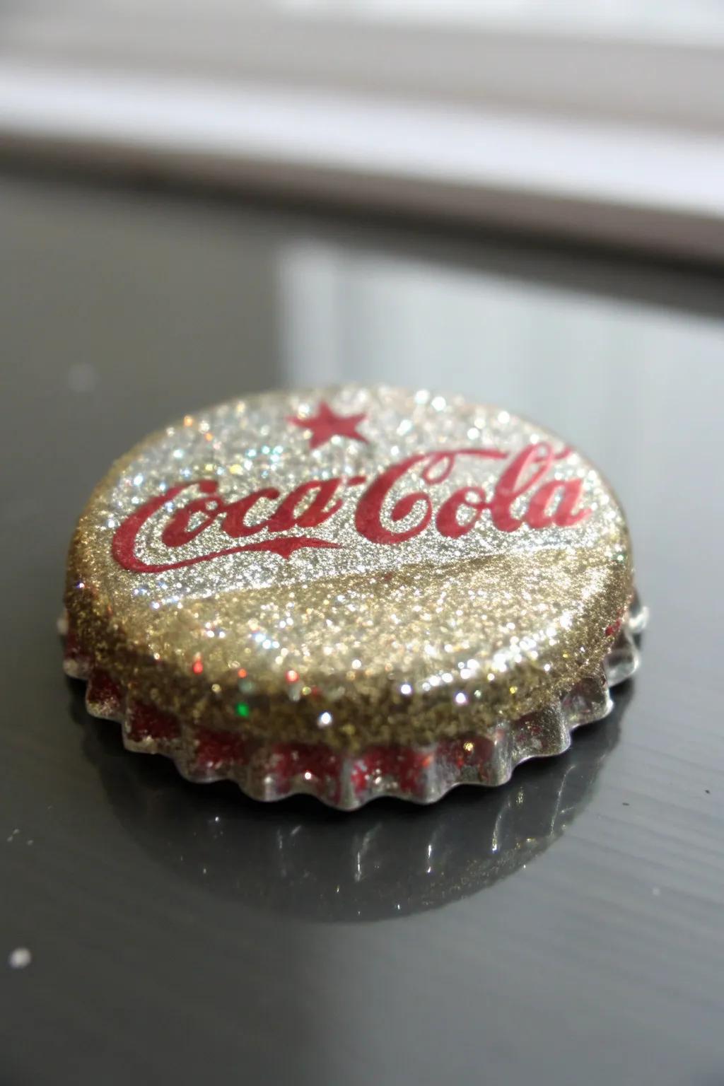 Glitter bottle cap pins for a dazzling accessory.