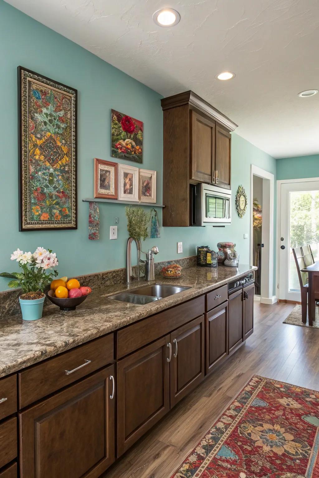 Muted teal walls provide a refreshing splash of color with brown granite.