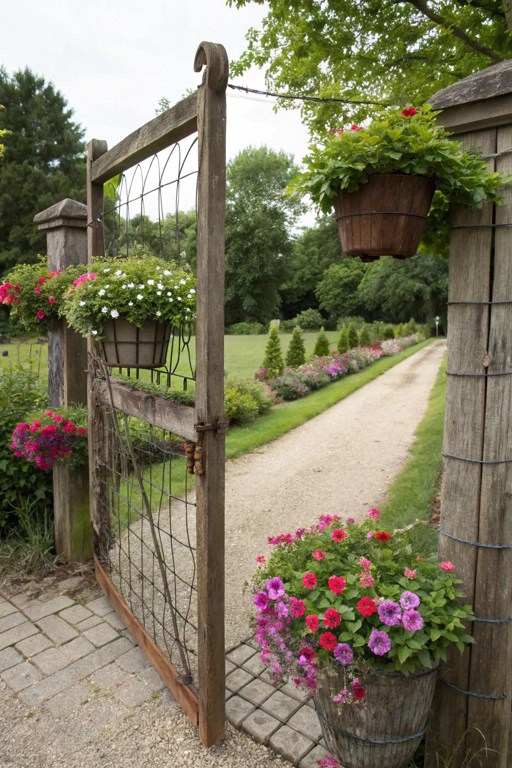 A wire gate with integrated planters adds greenery and color to your entrance.