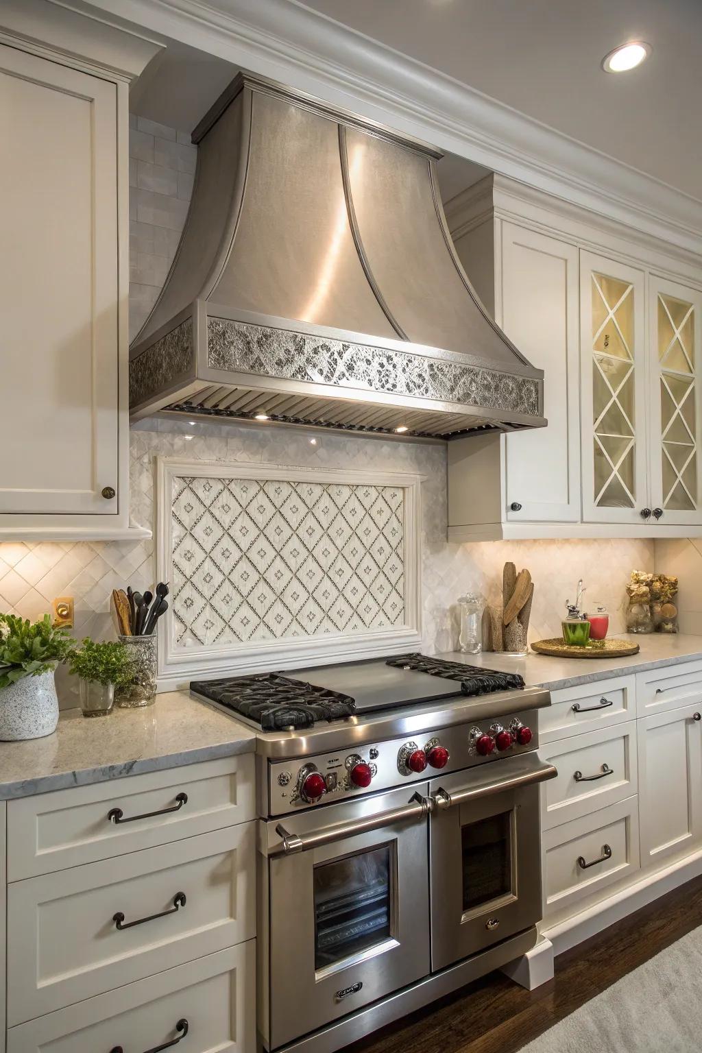 A kitchen with a traditional-style range hood in stainless steel.