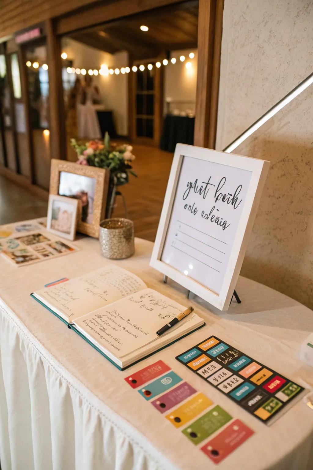 A guest book and memory cards station capturing heartfelt messages.