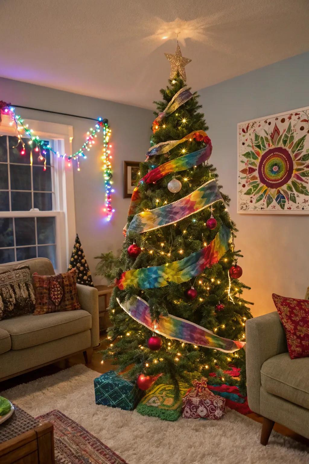 A vibrant Christmas tree featuring tie-dye ribbons, adding a bohemian flair to the holiday decor.