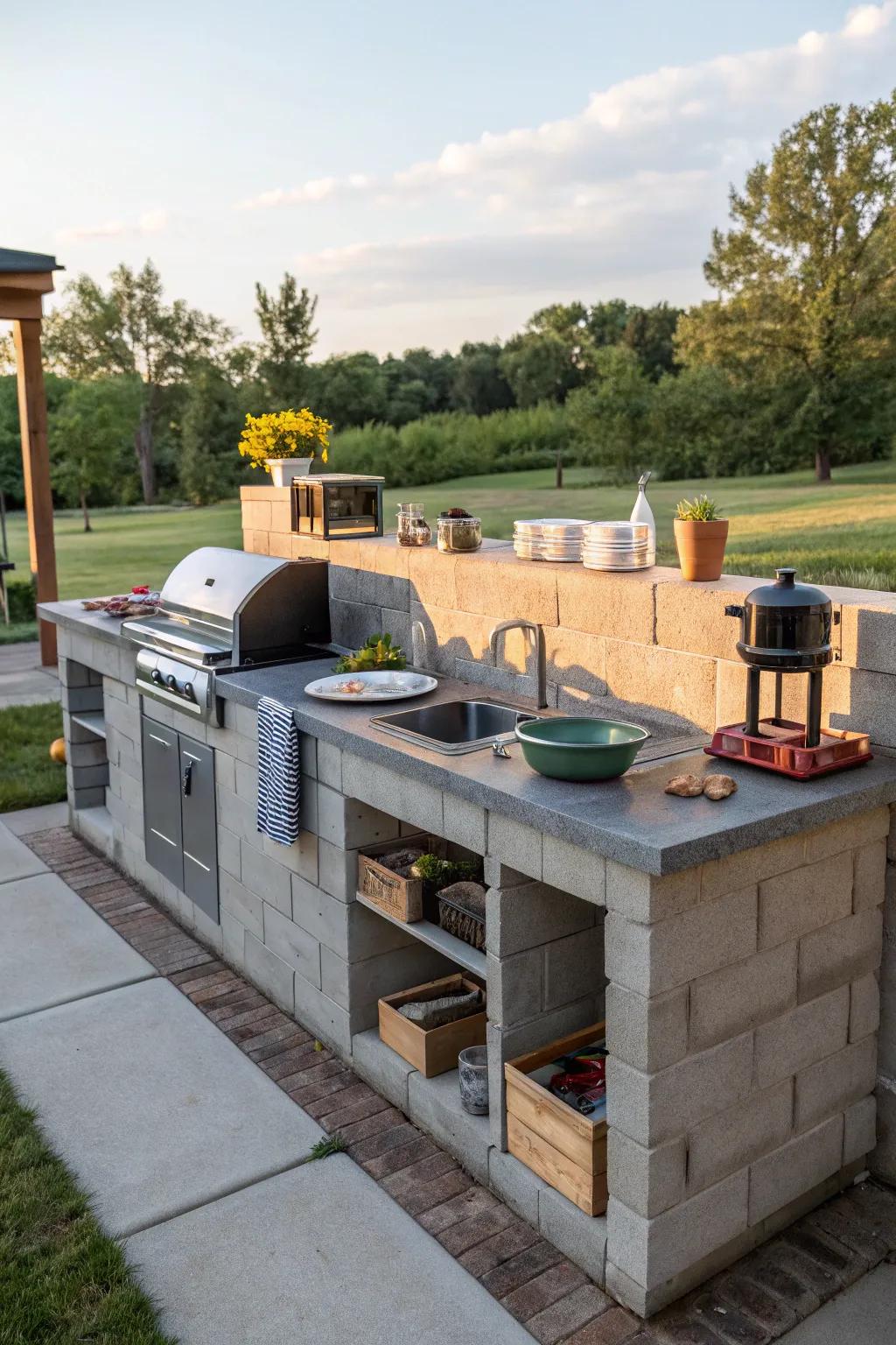 Prepare meals with ease in a cinder block outdoor kitchen.