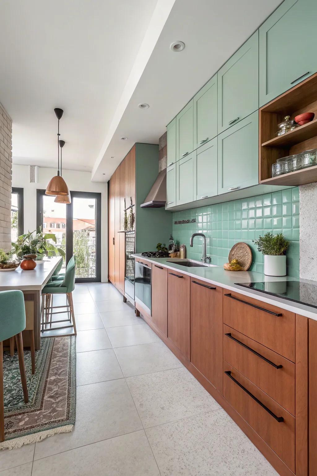 A modern kitchen with rust and mint green accents.