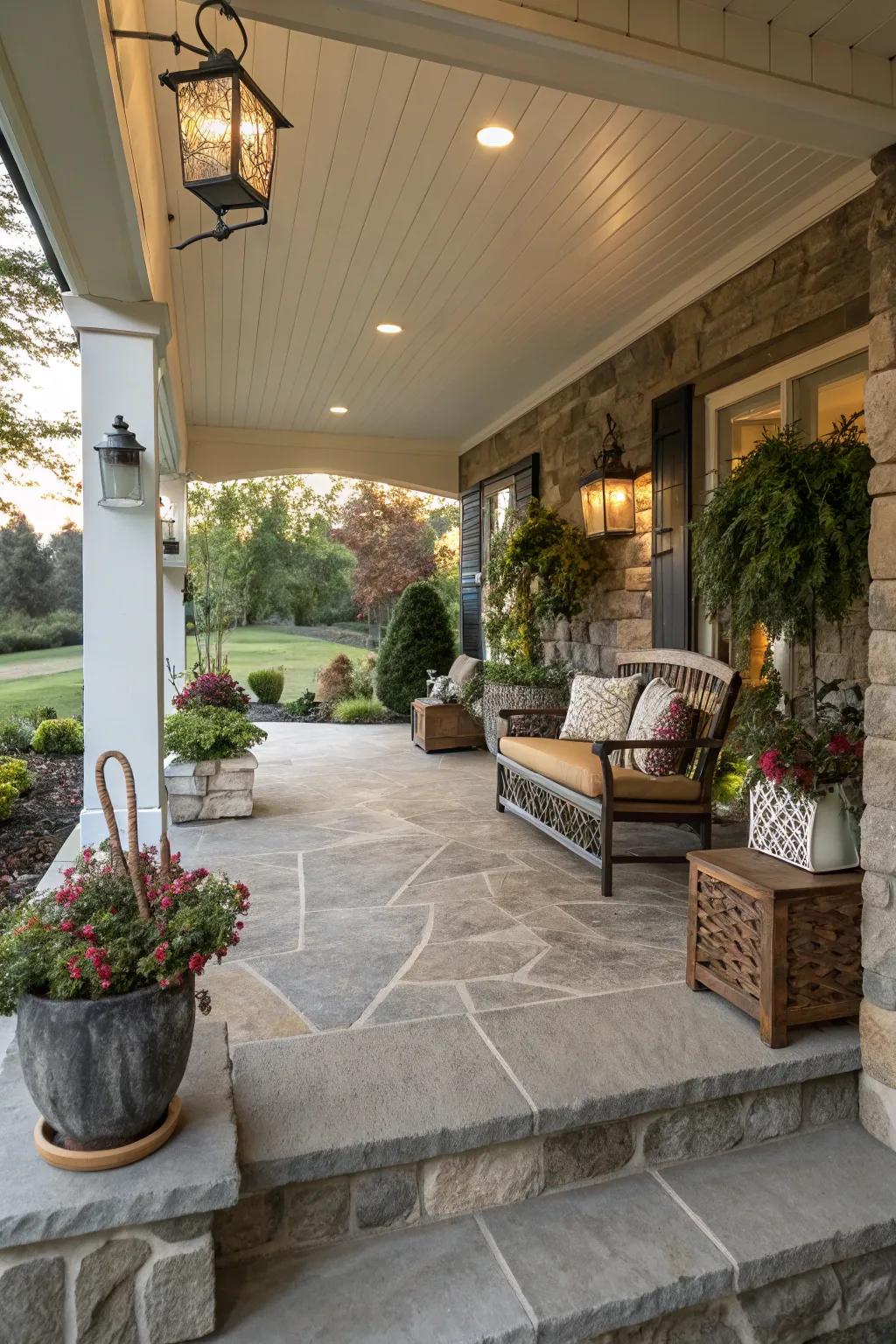 A natural stone look adds elegance to a concrete porch.