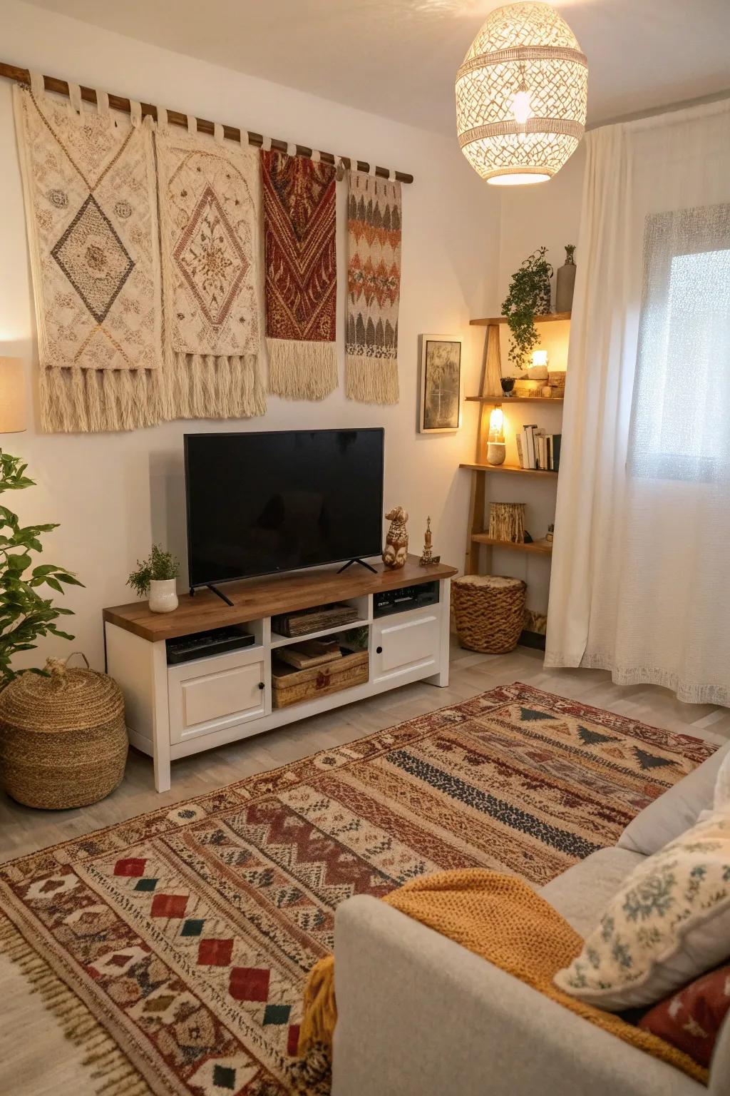 Layered rugs and textiles adding warmth to a TV wall.