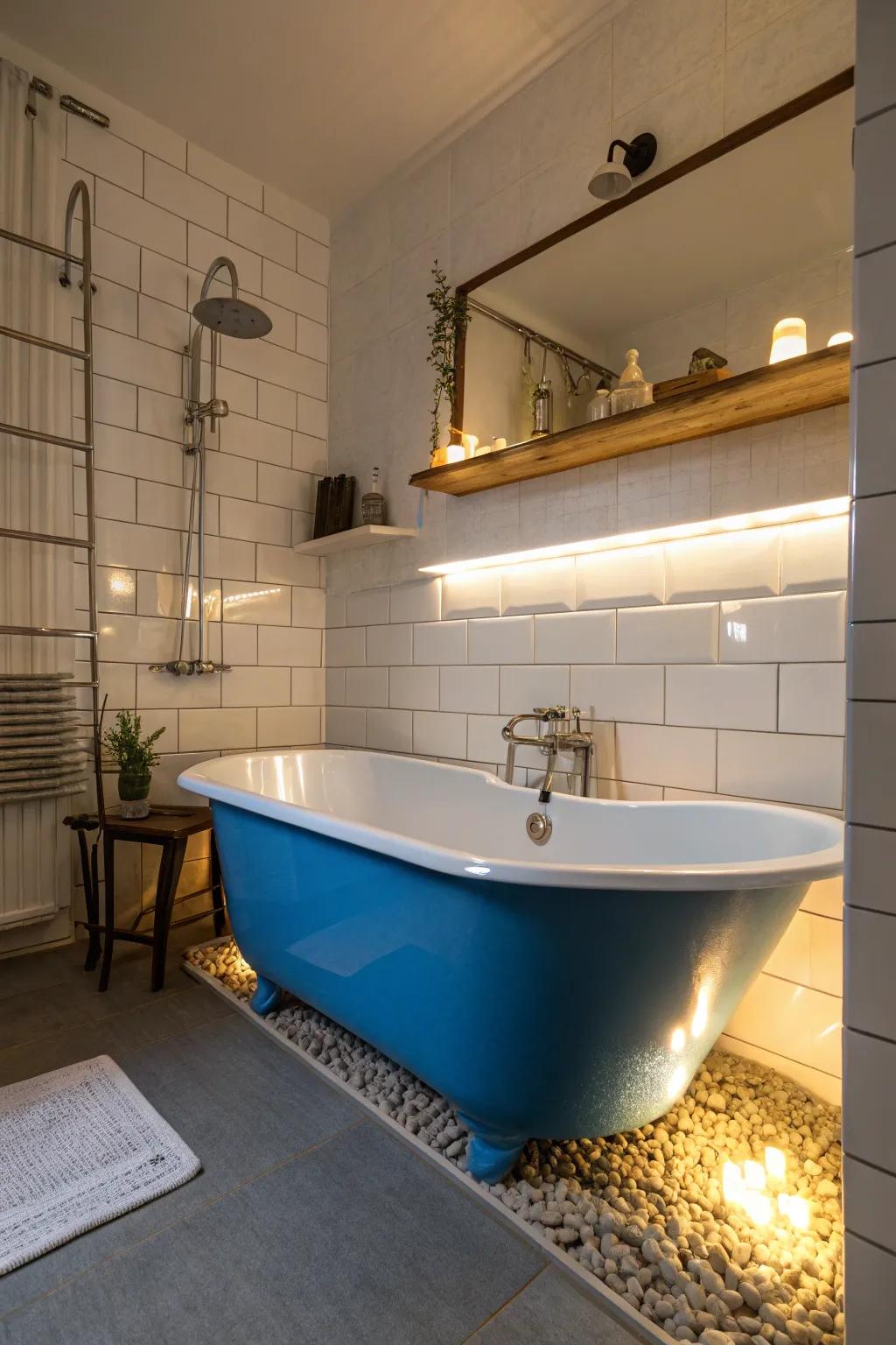 Accent lighting highlights the blue bathtub, creating a dramatic effect.