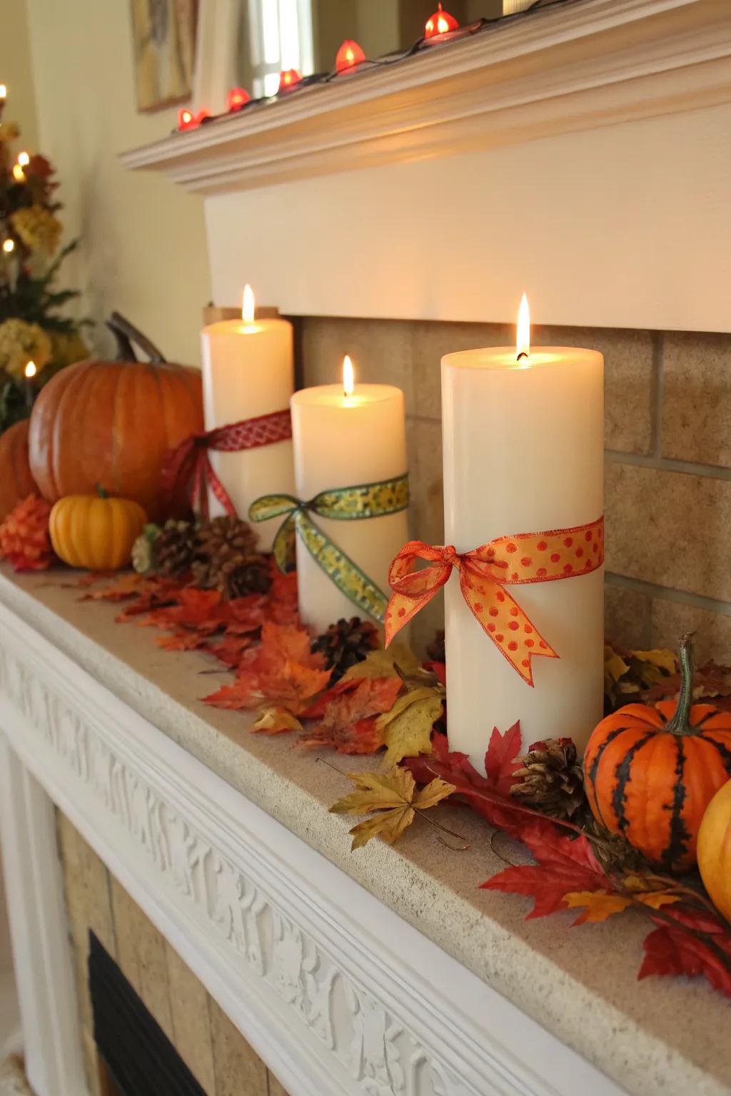 Festive ribbons adding a cheerful touch to candles.