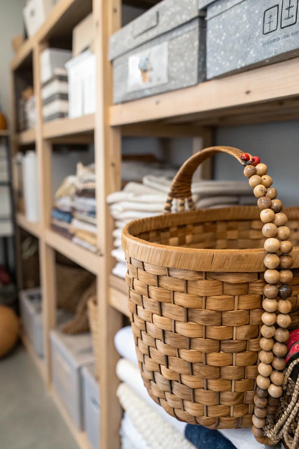 A storage basket spruced up with wooden beads.