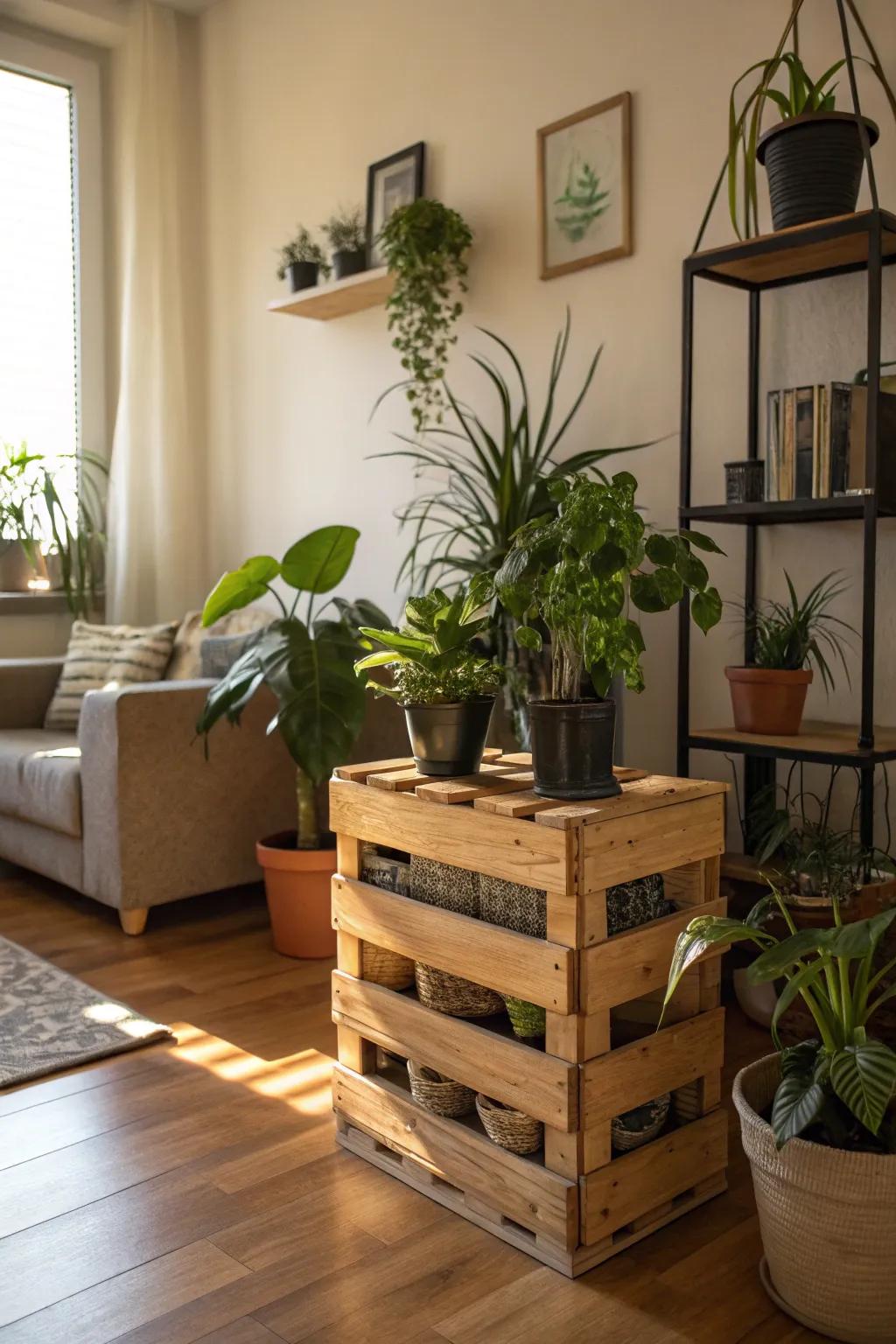 A wooden crate plant stand adds height and style to plant displays.