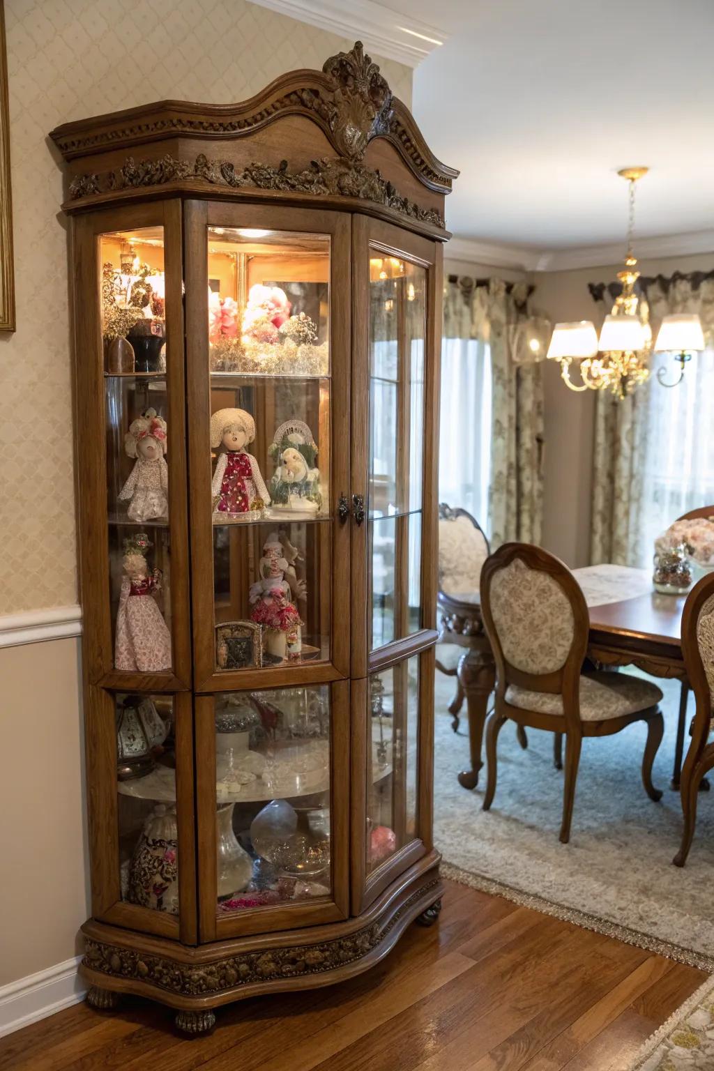 A curio cabinet adding sophistication to a doll display.