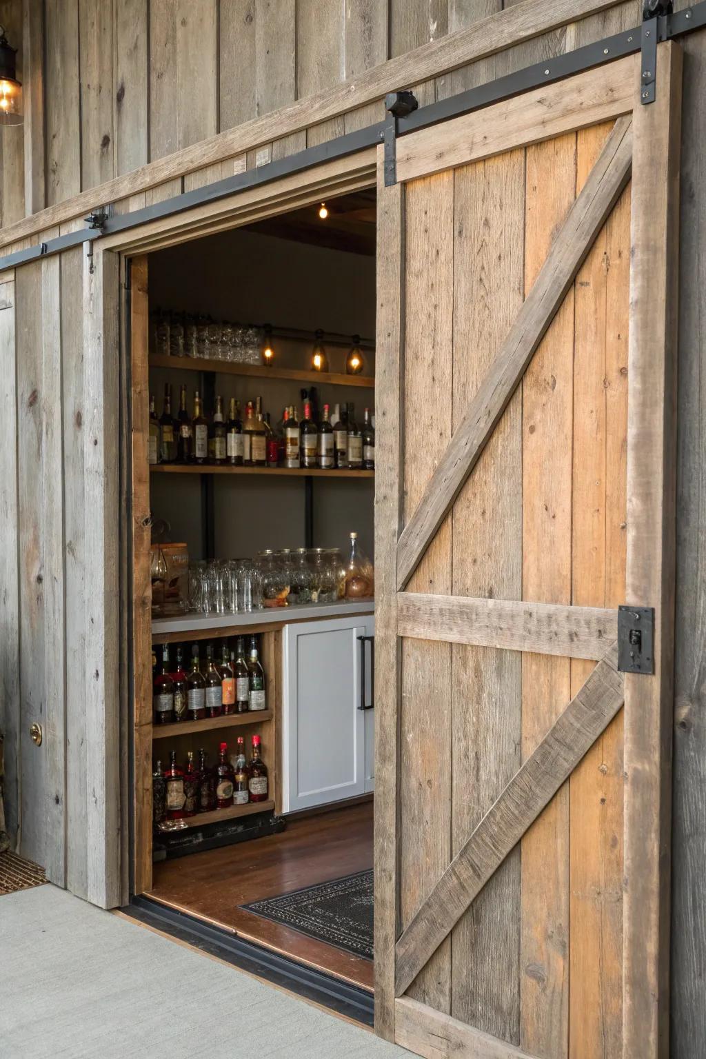 A sliding barn door adds rustic charm to a liquor cabinet.