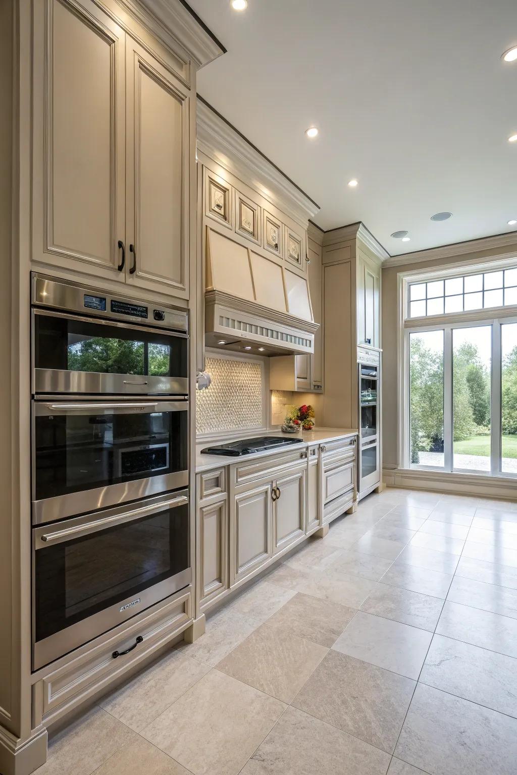 Grand kitchen design with double ovens and tall cabinets