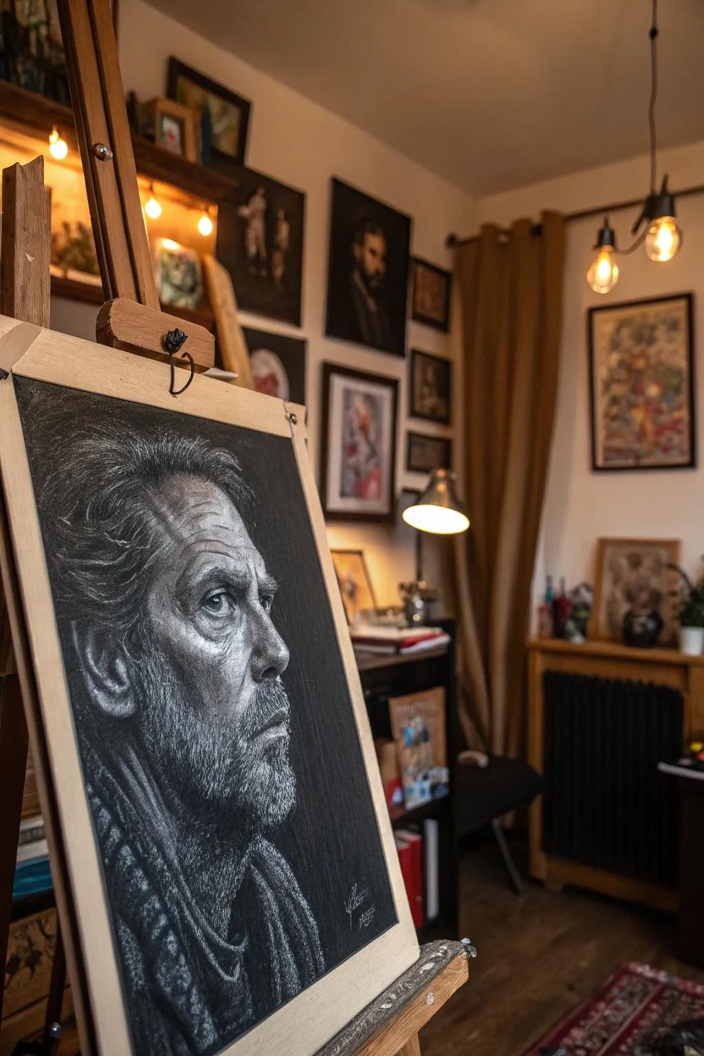 Charcoal adds depth and drama to expressive portraits on black paper.