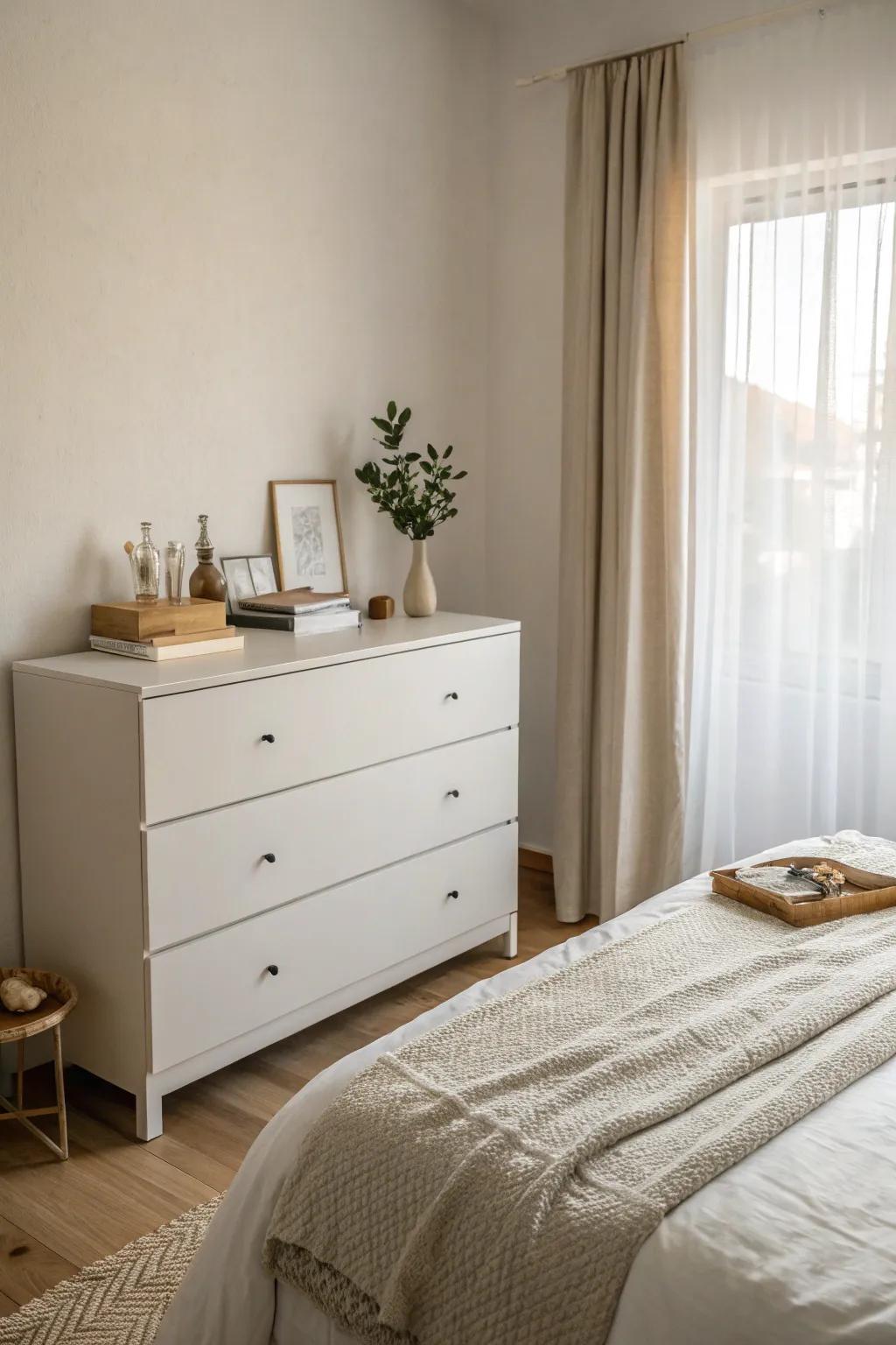 A minimalist dresser complements a serene and clutter-free bedroom environment.