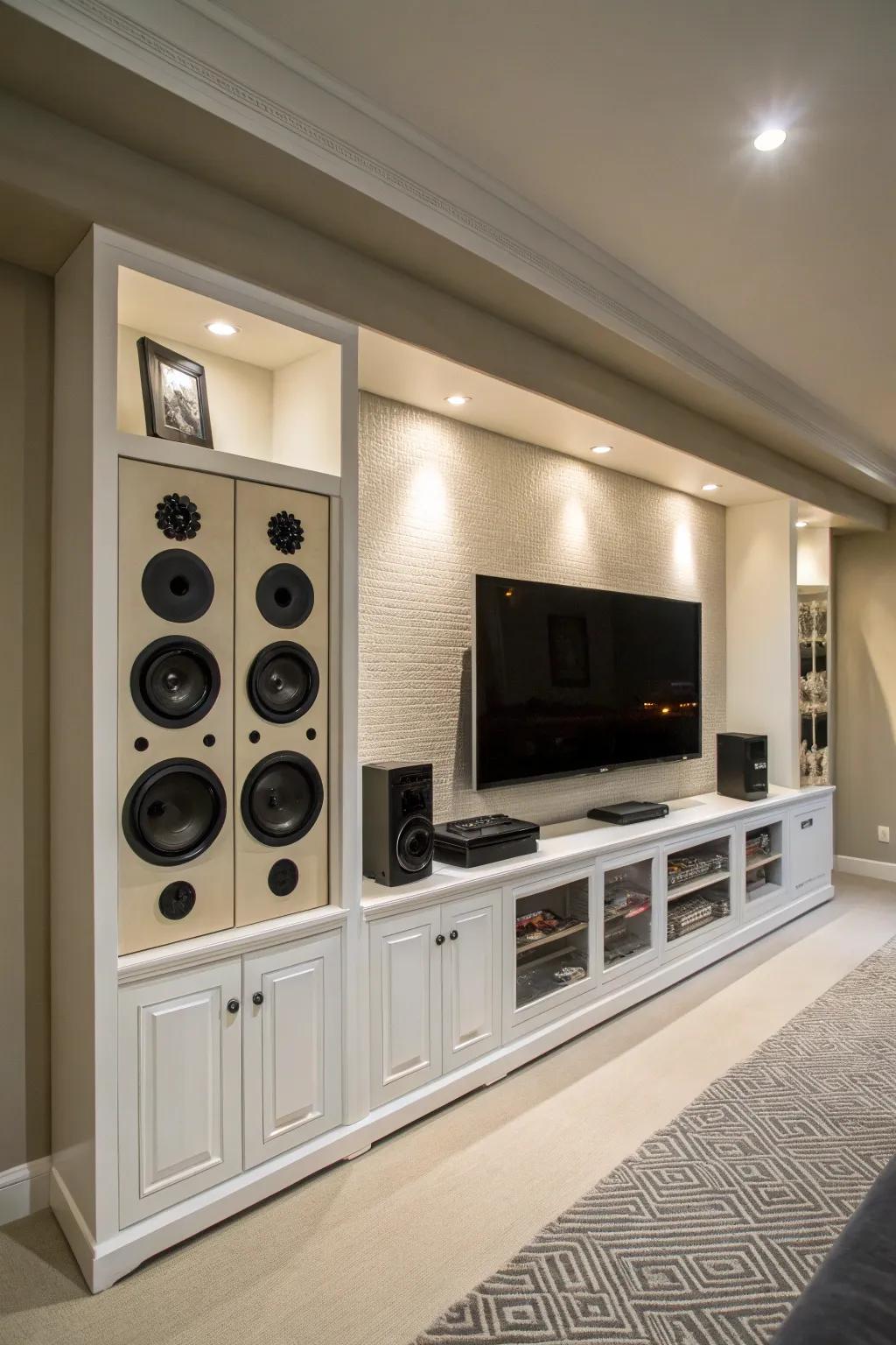 An integrated sound system elevates the audio experience in this entertainment center.