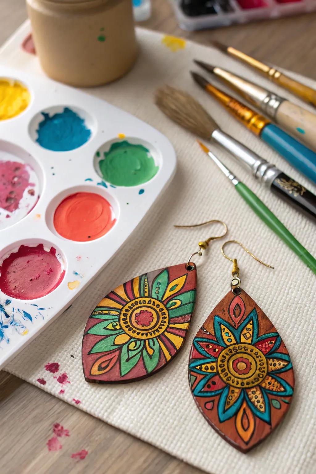 Artistic painted wooden earrings for a unique statement.