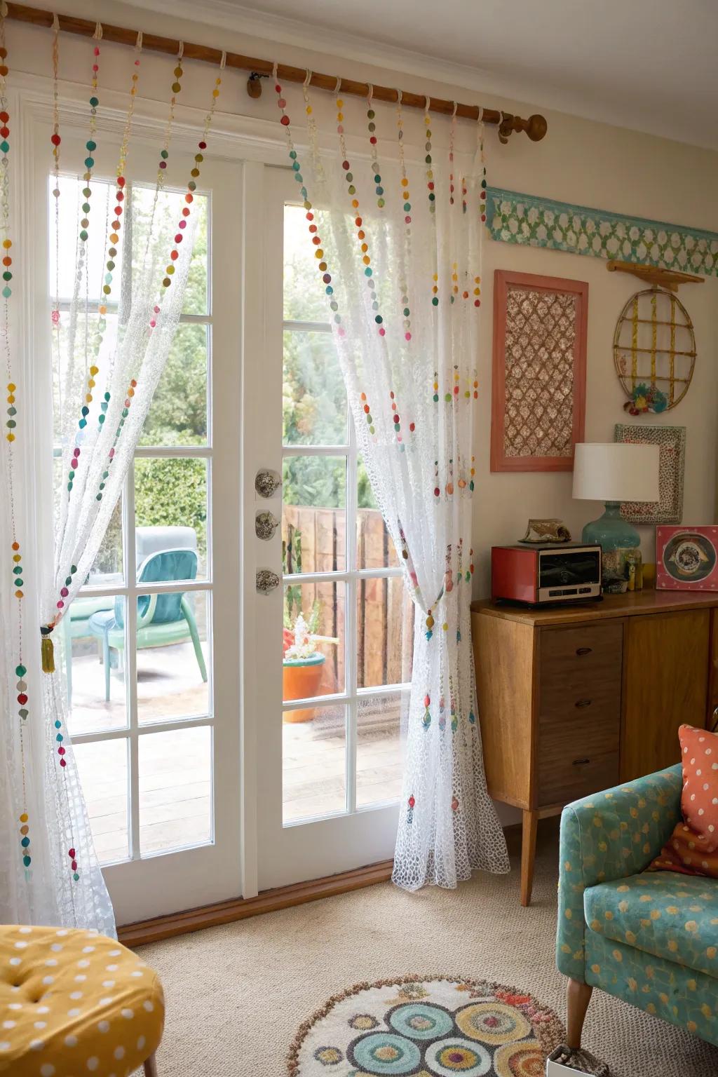 Retro beaded curtains adding a playful touch and privacy to French doors.