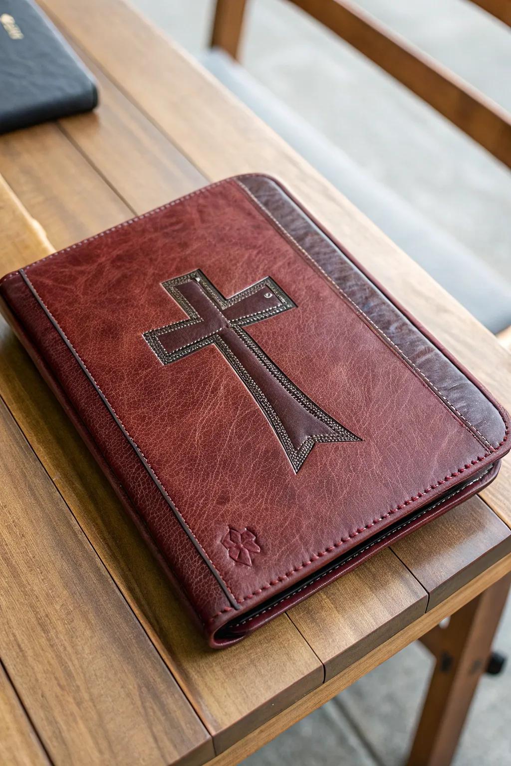 A leather Bible cover for elegance and protection.