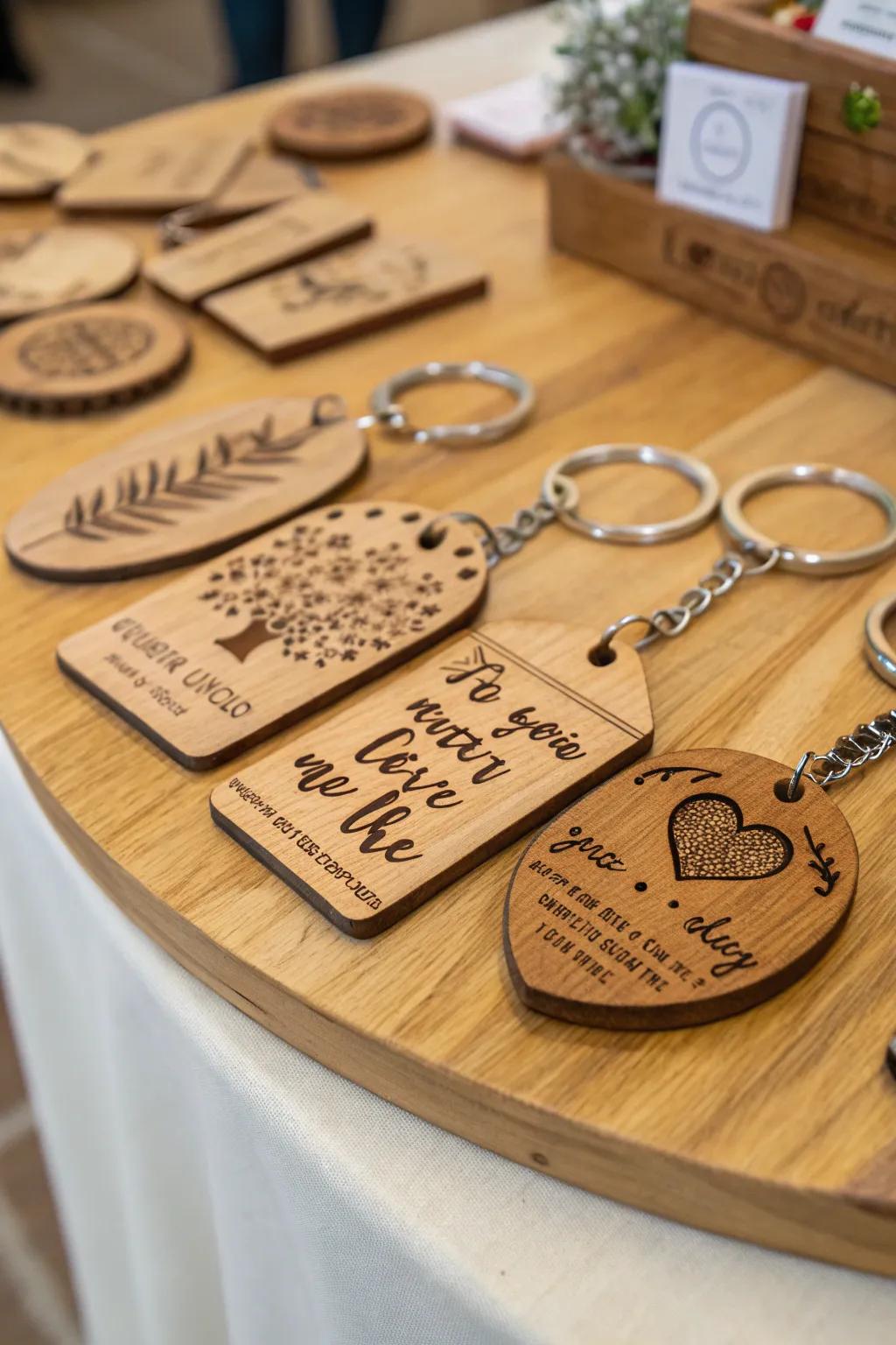 Carry memories with engraved wooden keychains.