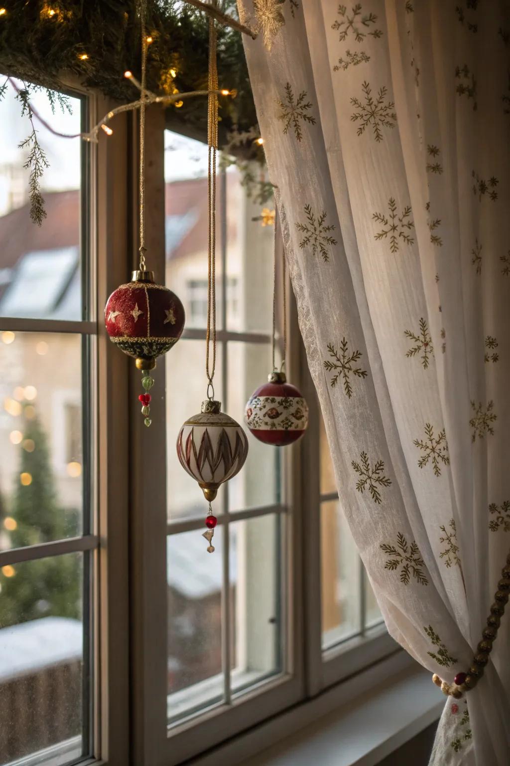 Ornaments hanging from a window frame for a festive touch.