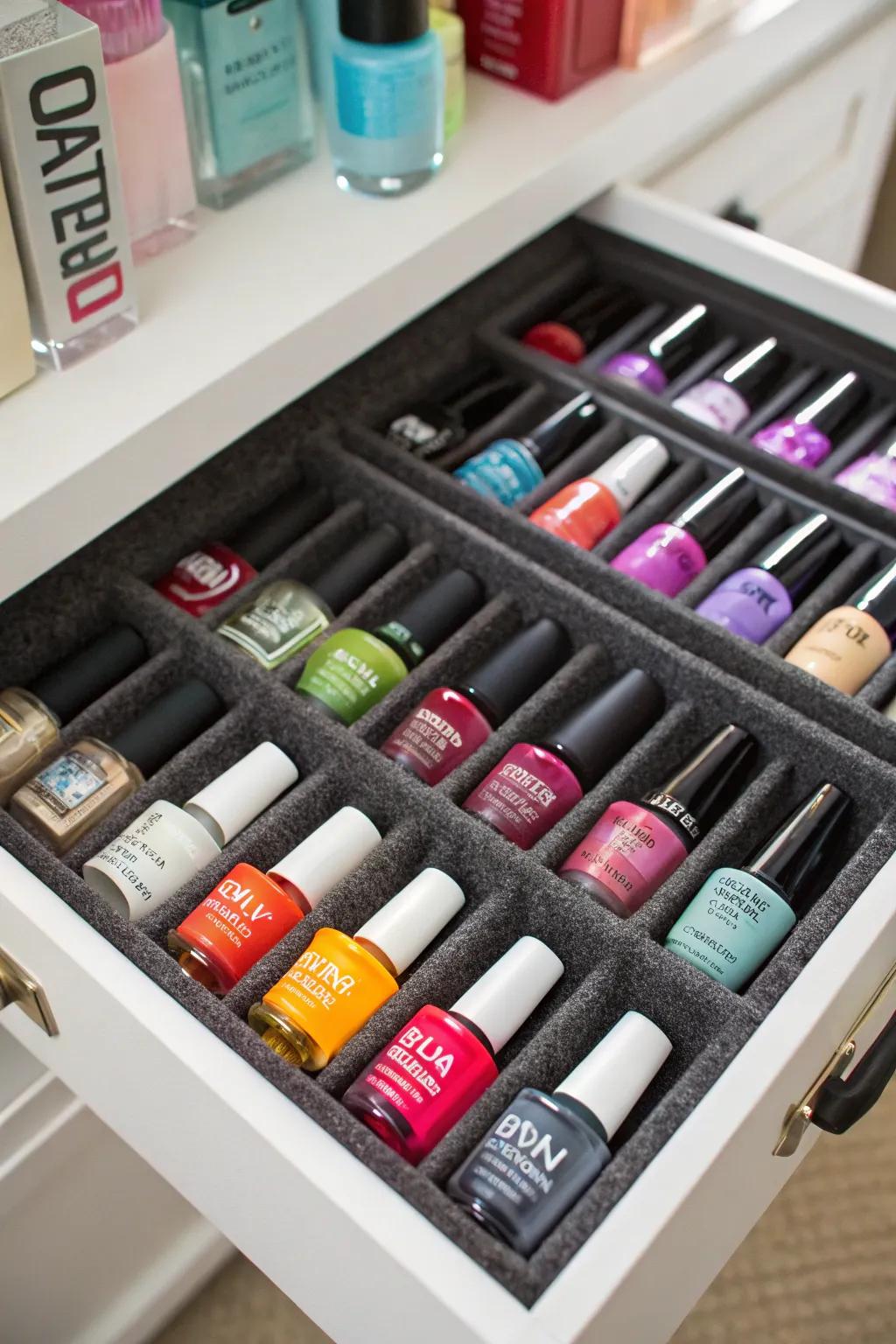 Foam inserts offer a snug and secure way to store nail polish in drawers.