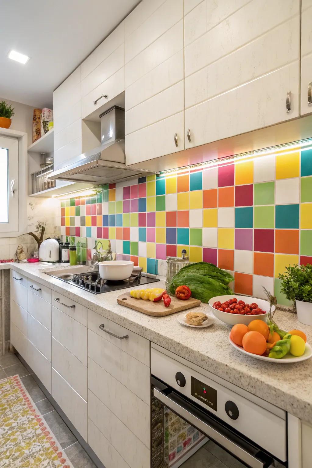 An eclectic kitchen with vibrant multicolored tiles.