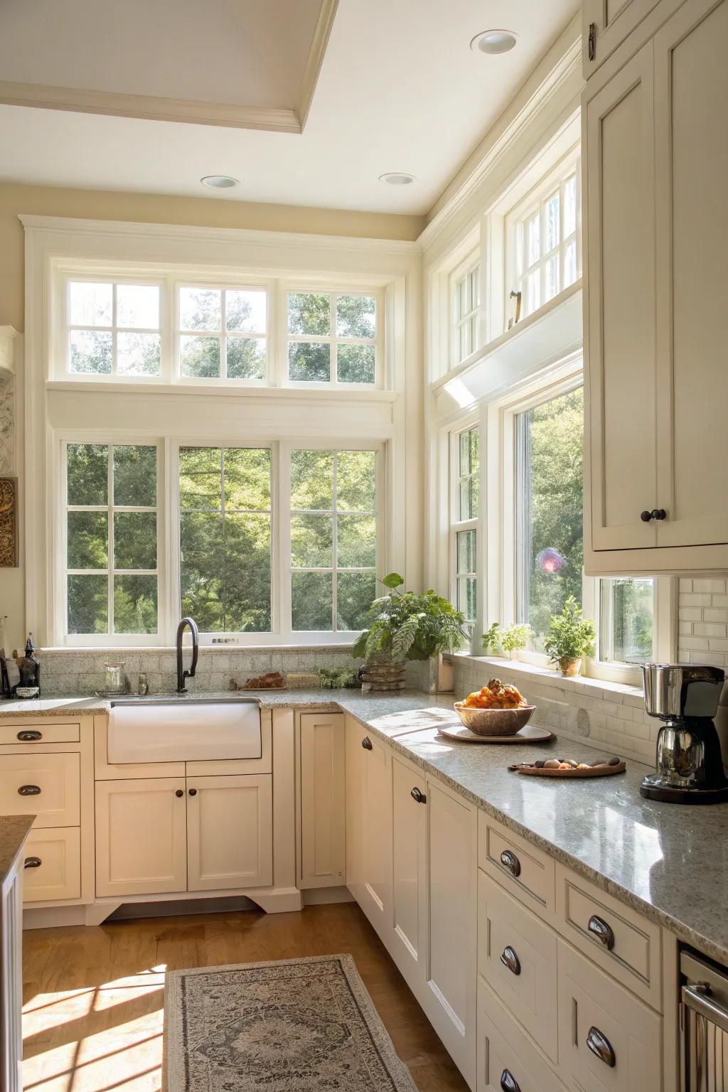 A transom window adds height and light to the kitchen.