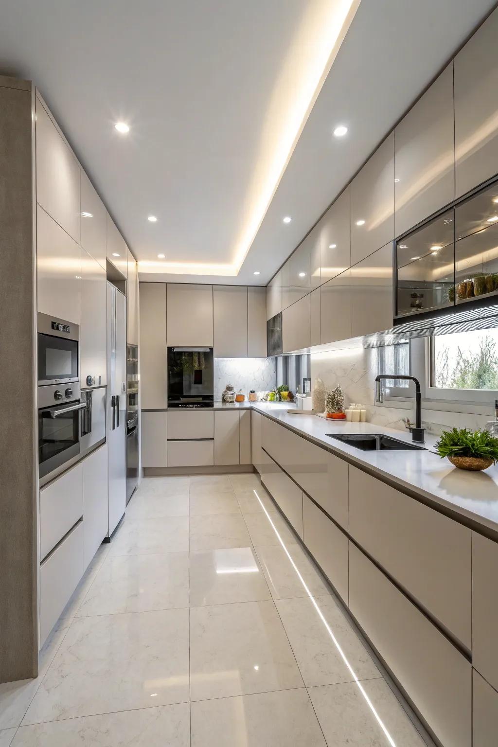 Handleless cabinets offer a sleek, modern aesthetic in a windowless kitchen.