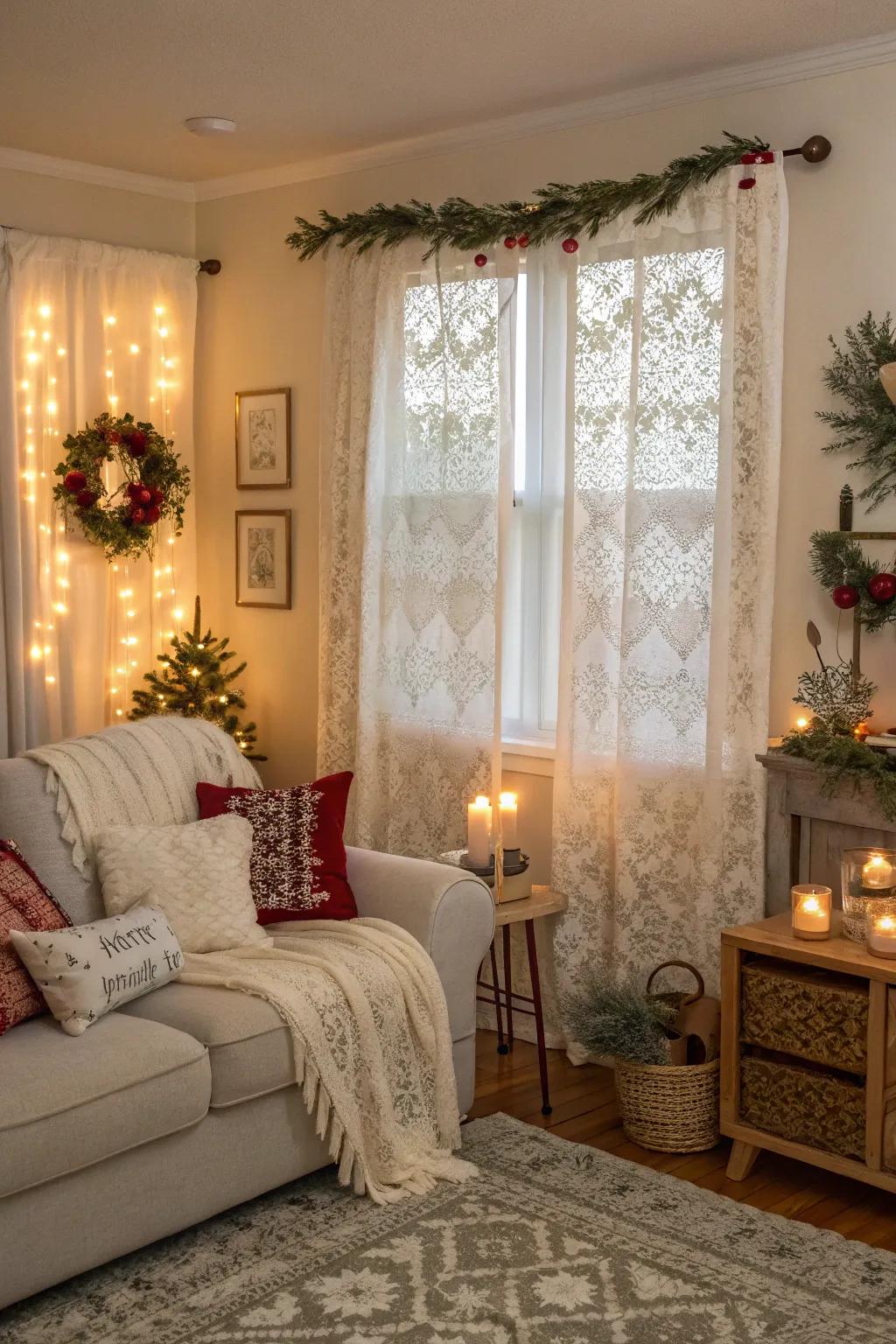 Seasonal lace curtains keep decor fresh.