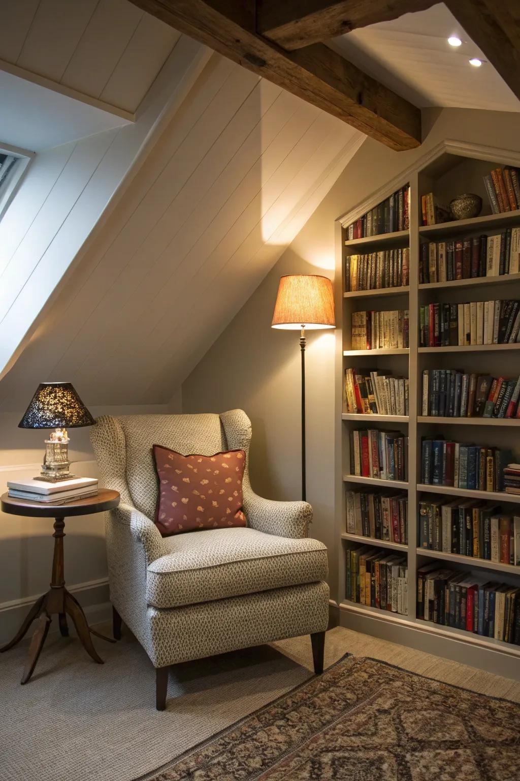 Focused lighting creates a cozy corner in a room with a vaulted ceiling.