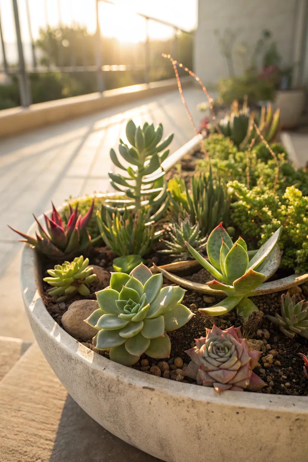 Succulents offer diverse textures and colors for sunny spaces.