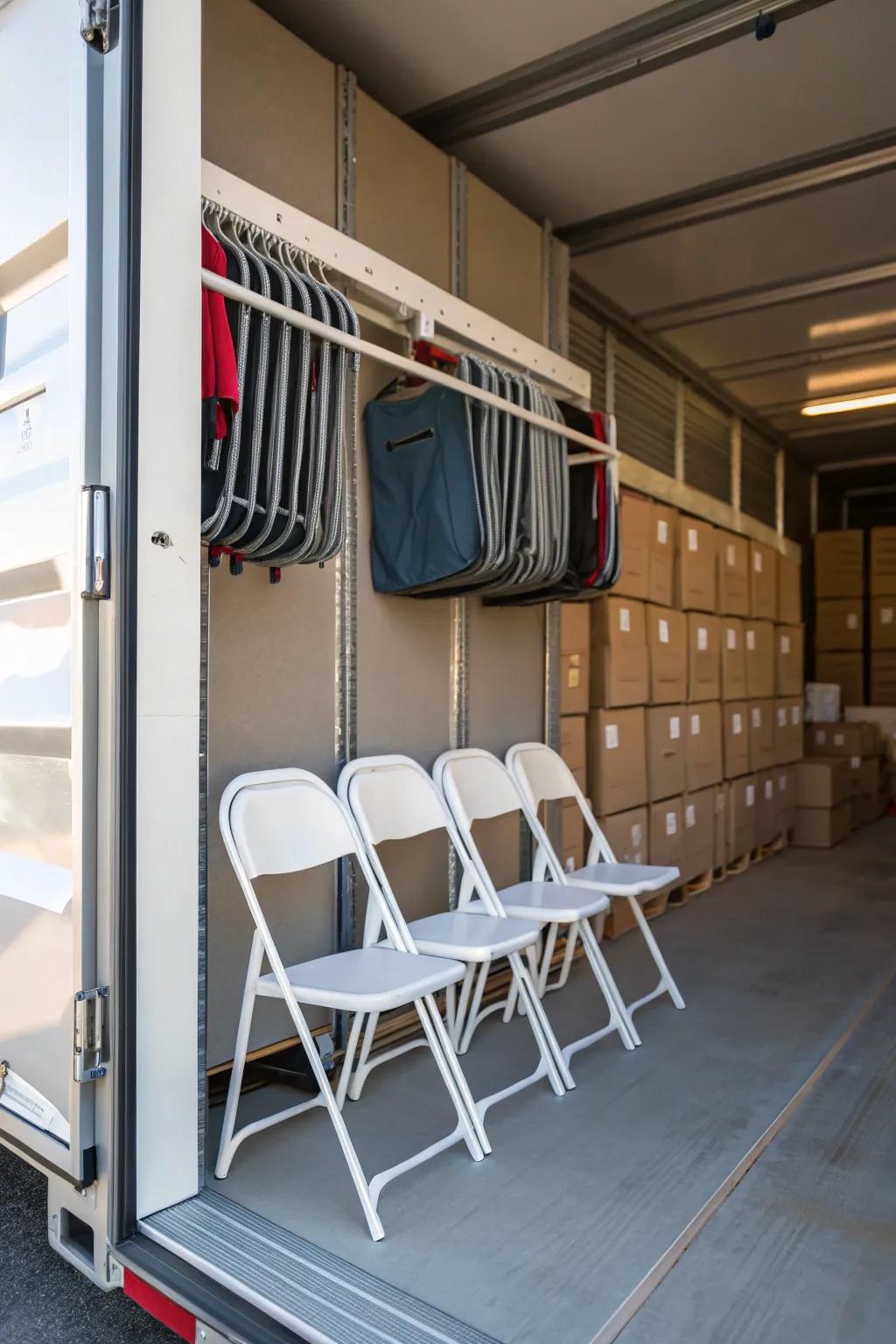 Hanging chairs on the wall maximizes floor space in your storage unit.