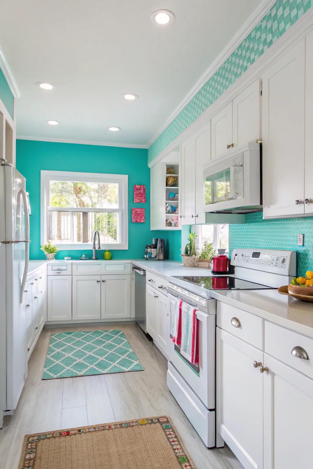 Turquoise walls add a playful and energetic vibe to the kitchen.