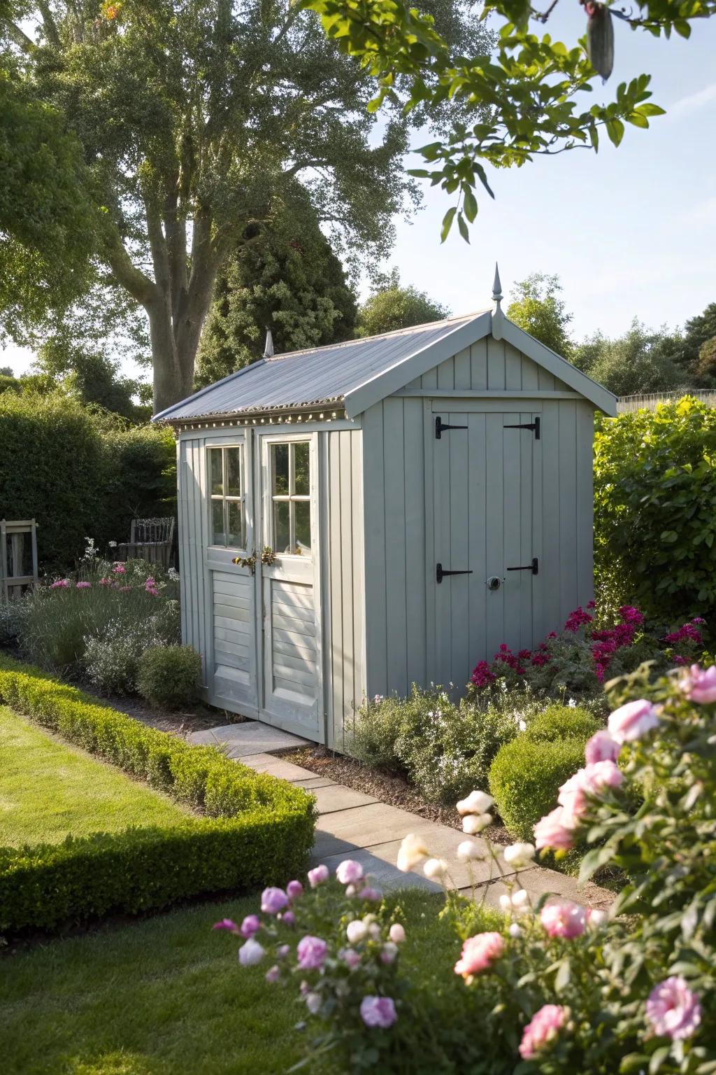 A frosted silver grey shed glistening in the garden sunlight.