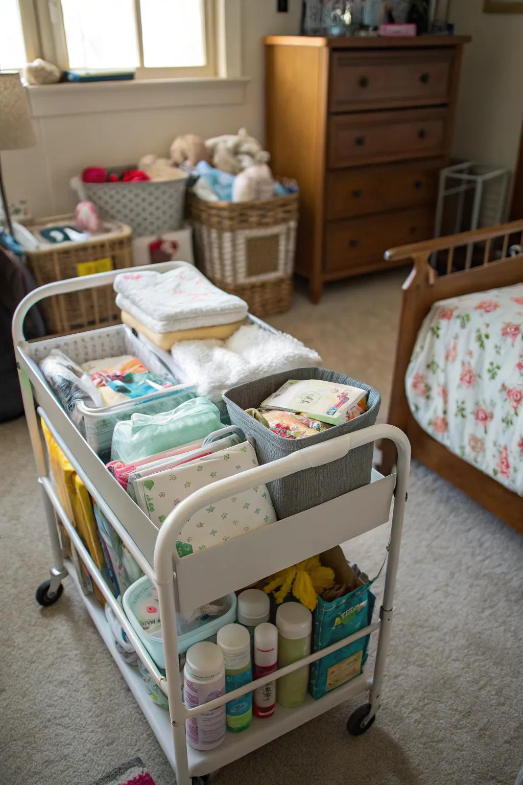 A rolling cart holding baby essentials, offering flexibility in a shared room.