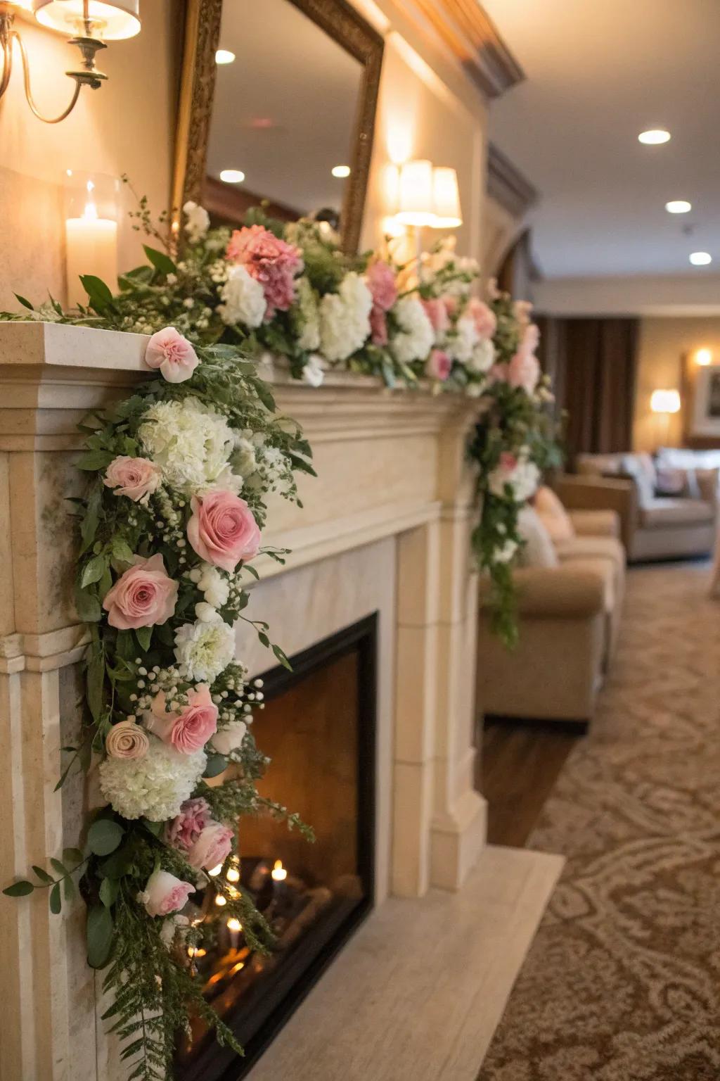 A romantic floral garland that enhances the fireplace.