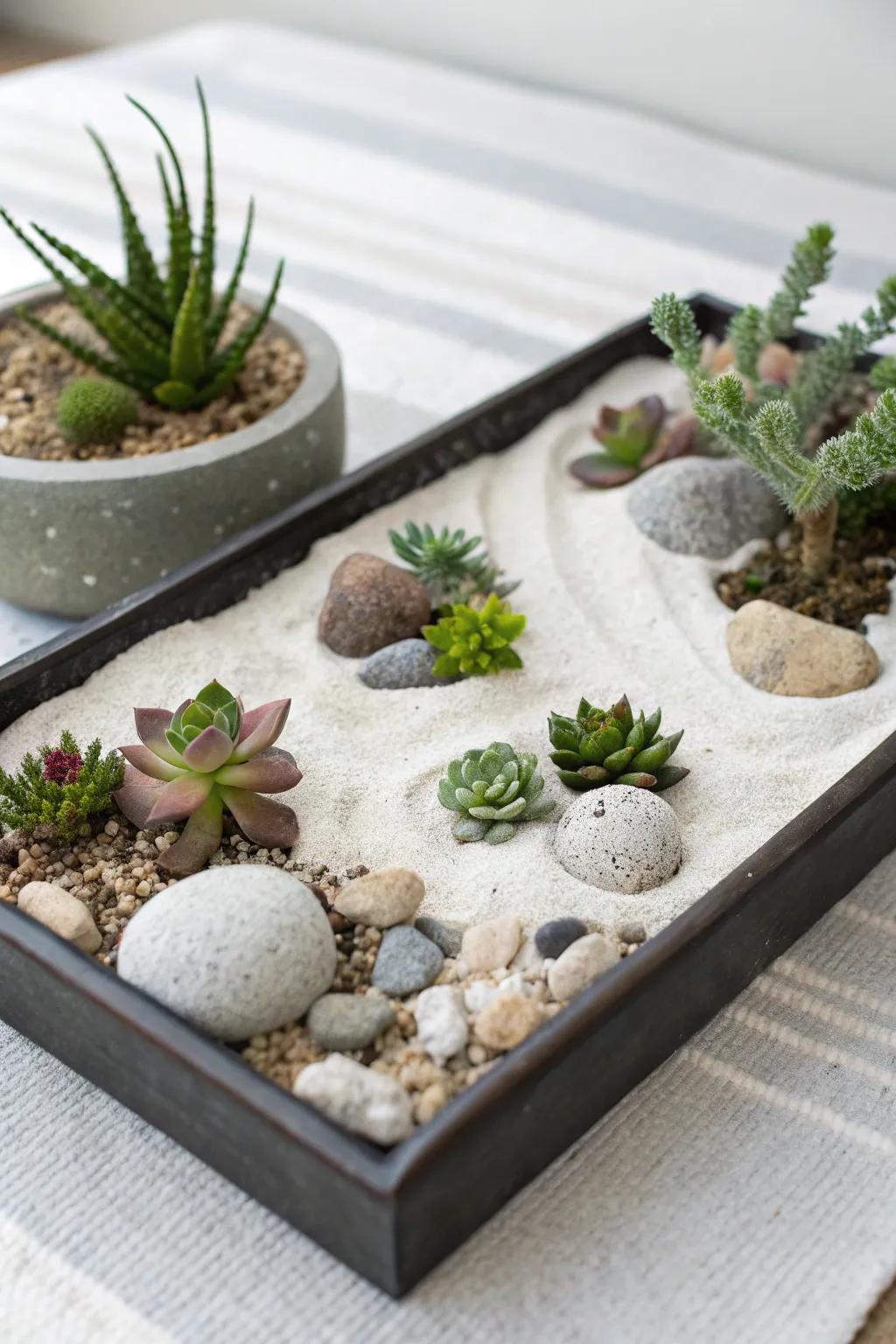 A succulent Zen garden offers a serene, meditative vibe.