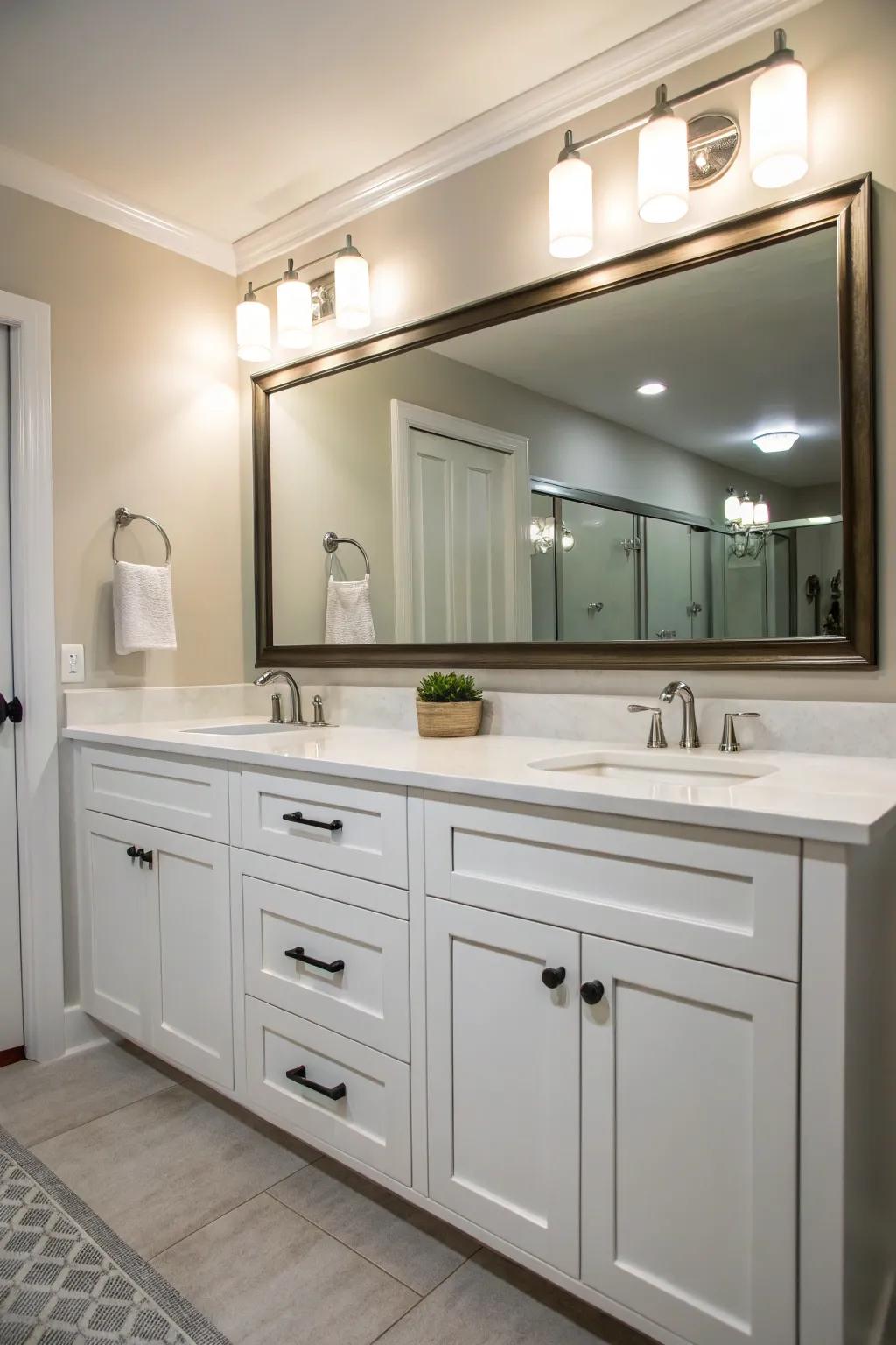 Side recessed lighting complements vanity lights beautifully.