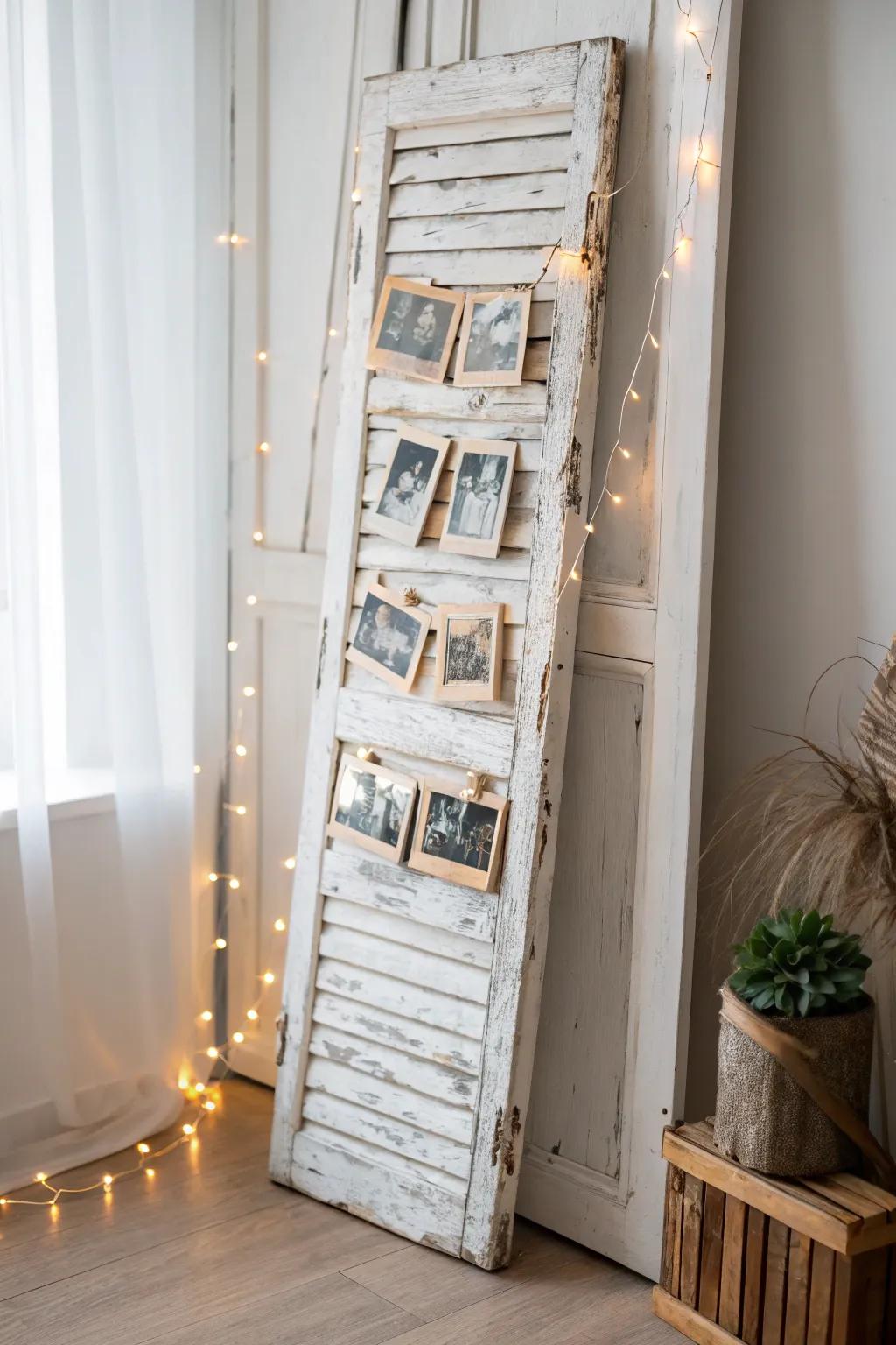 Transform old shutters into a charming photo gallery for your home.