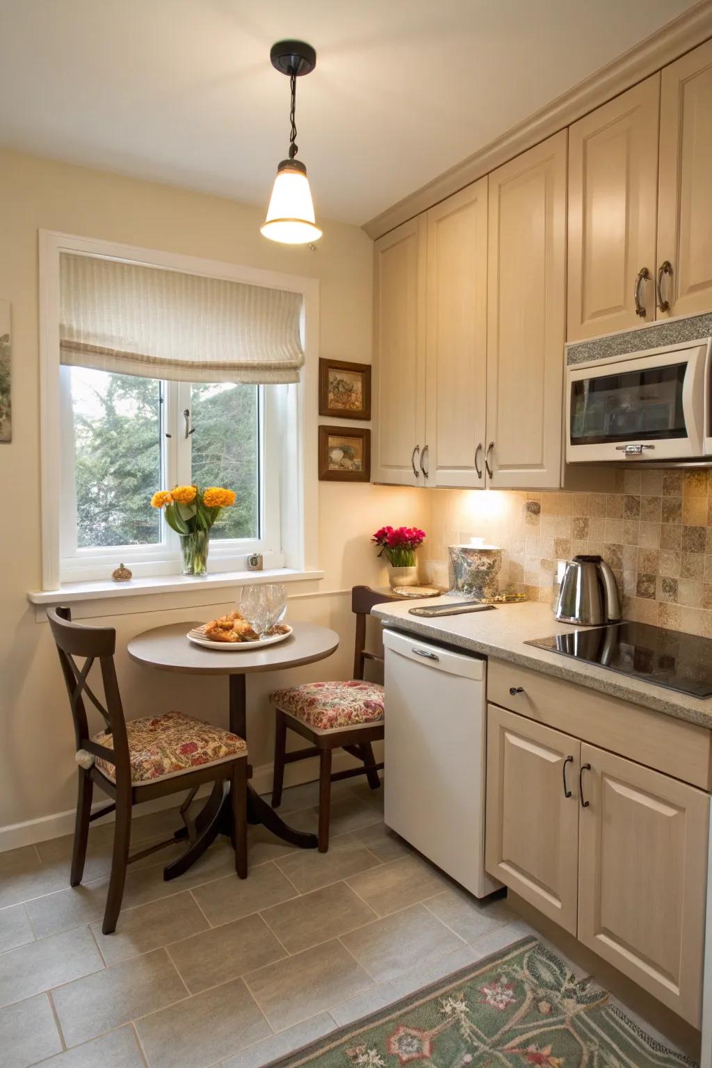 A cozy breakfast nook in a small kitchen utilizes space efficiently.